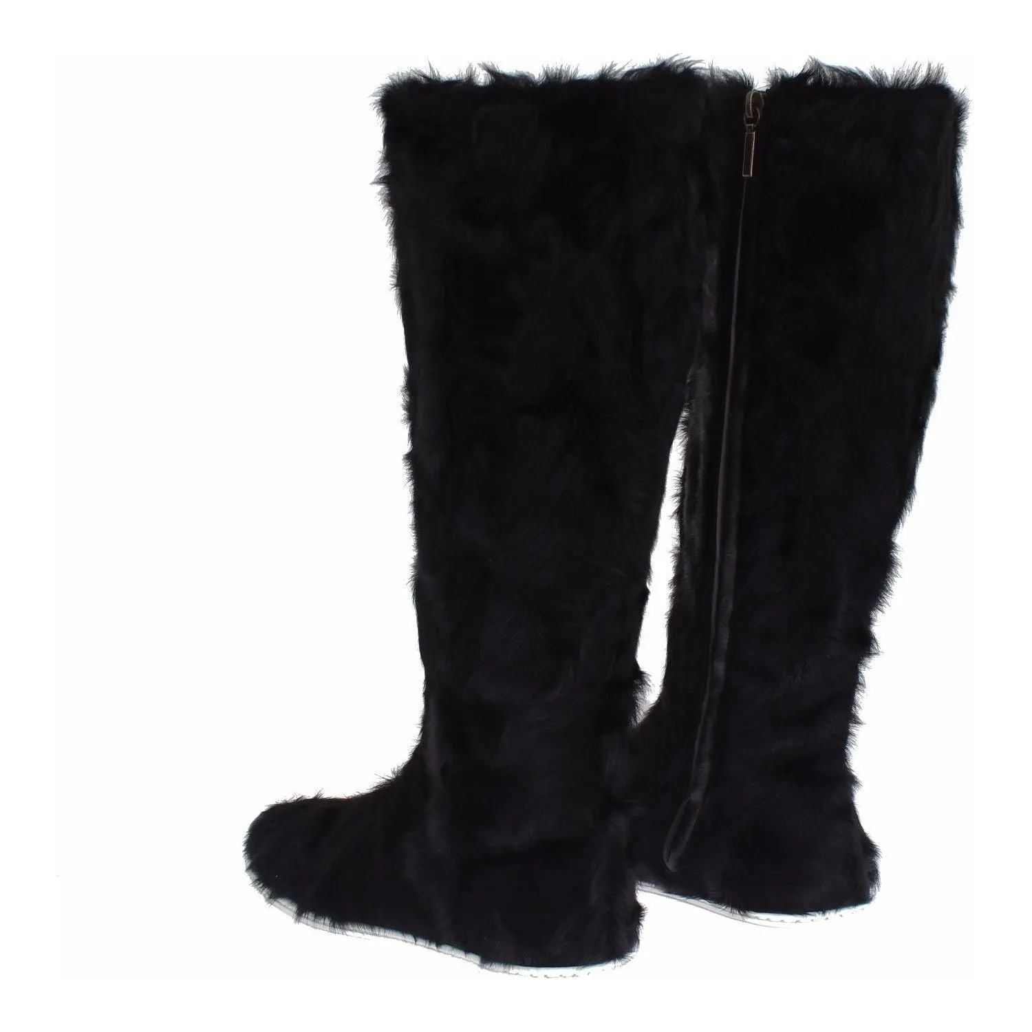 Dolce & Gabbana Elegant Black Fur Leather Flat Sneaker Boots