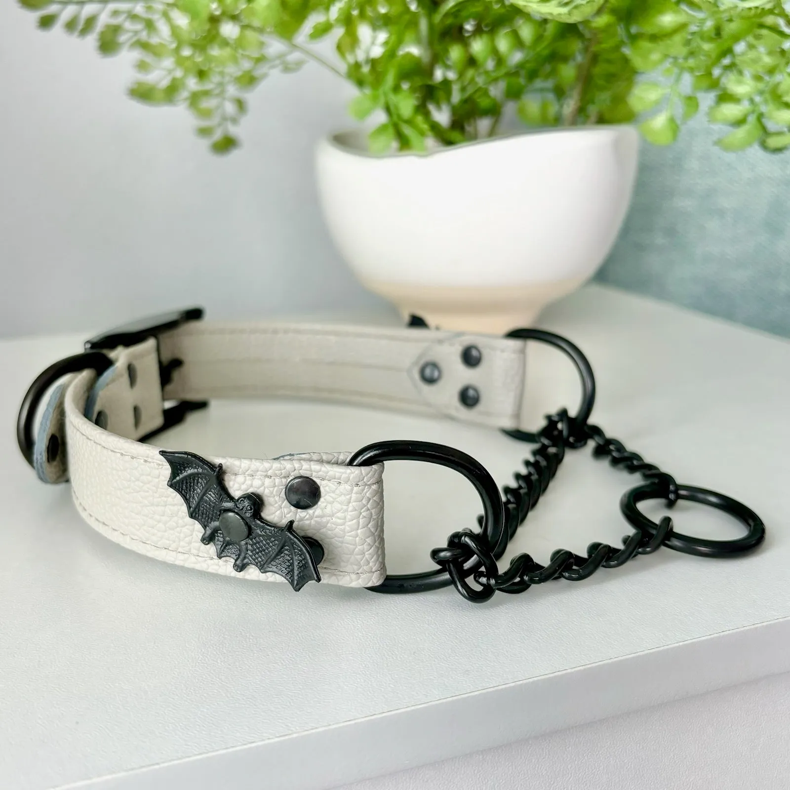 Dove Gray and Black Halloween Bat Martingale BDSM Collar