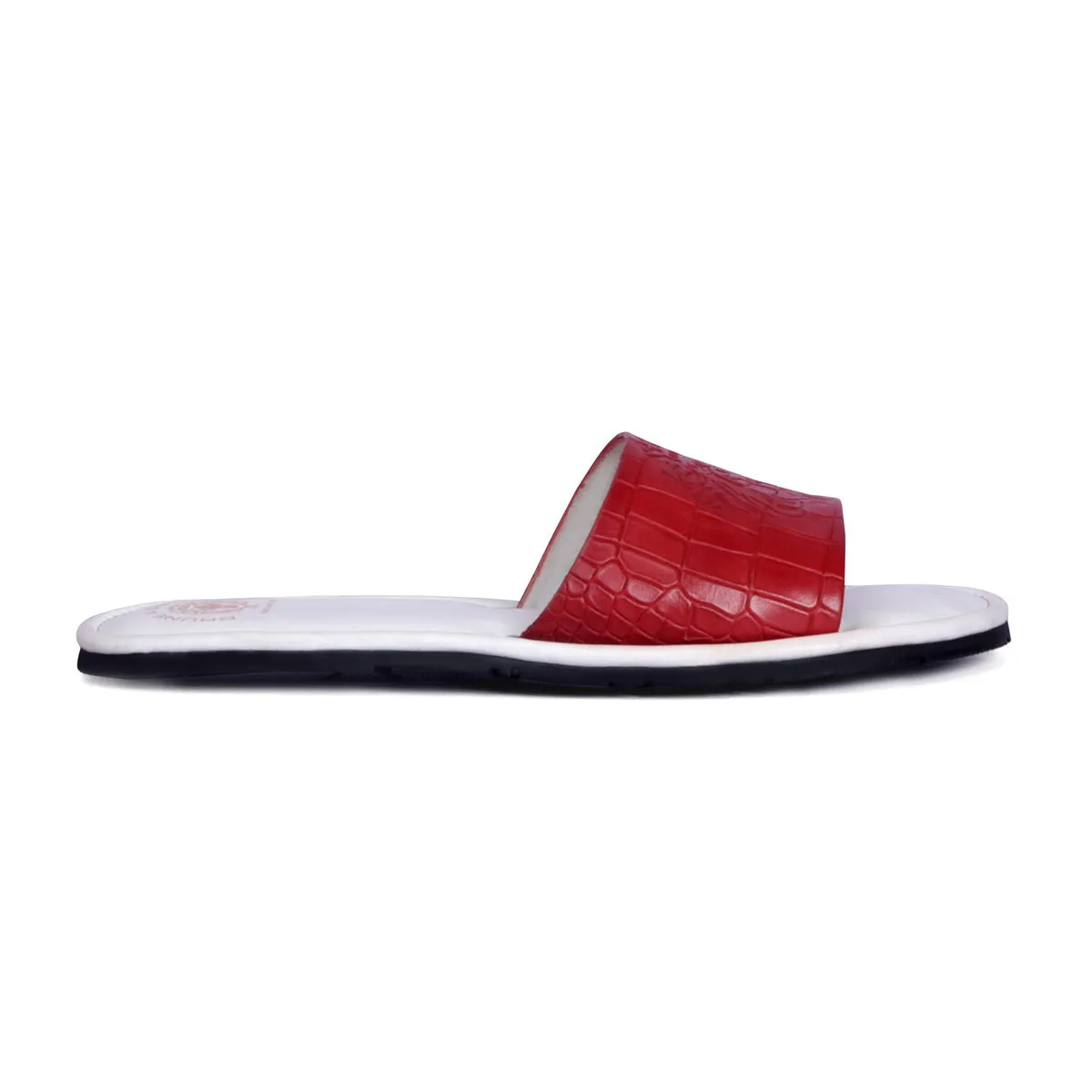 Dual Color Deep Cut Croco Print Red/White Leather Slide-In-Slippers For Ladies by Brune & Bareskin