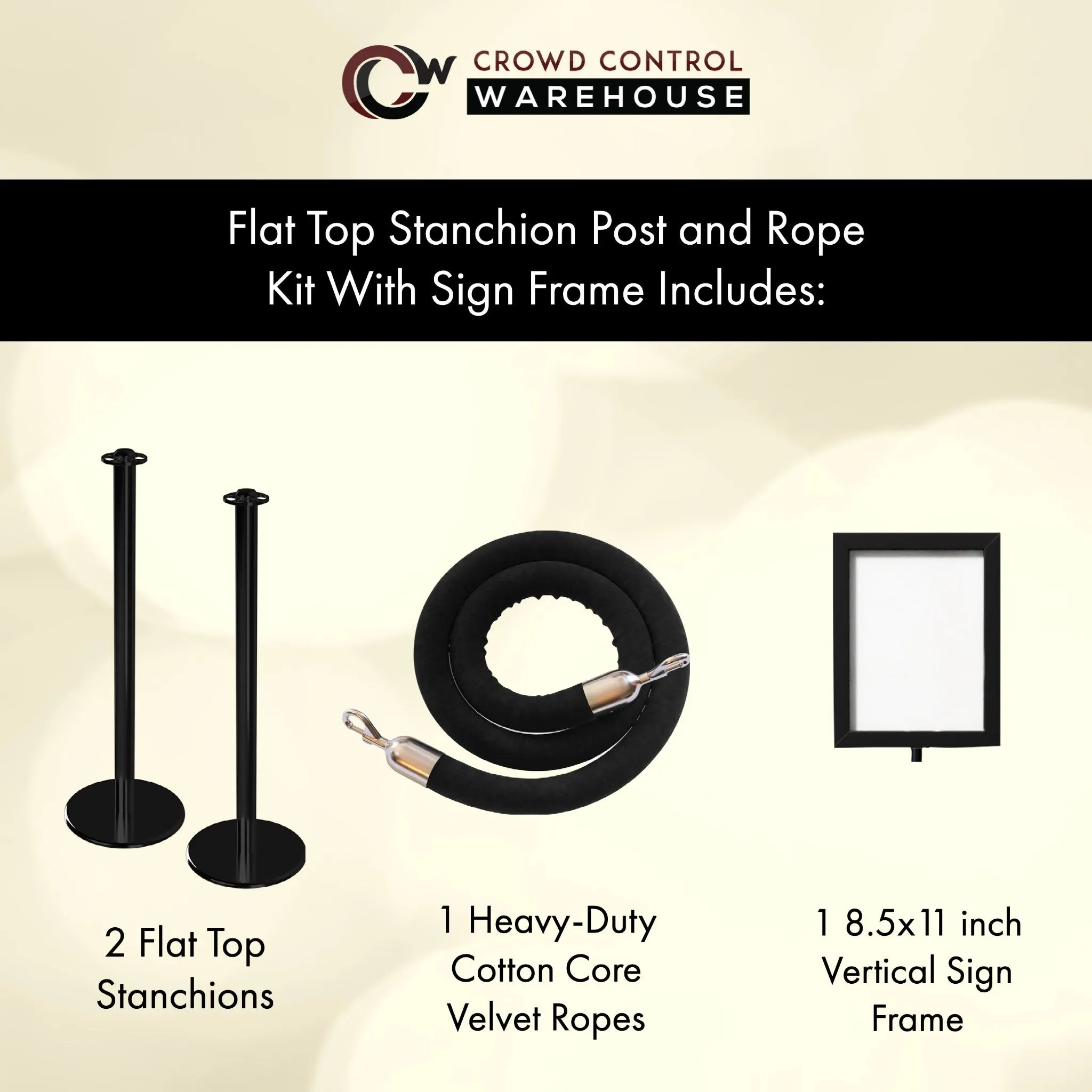 Flat Top Post and Rope Stanchion Kit with Sign Frame - Montour Line