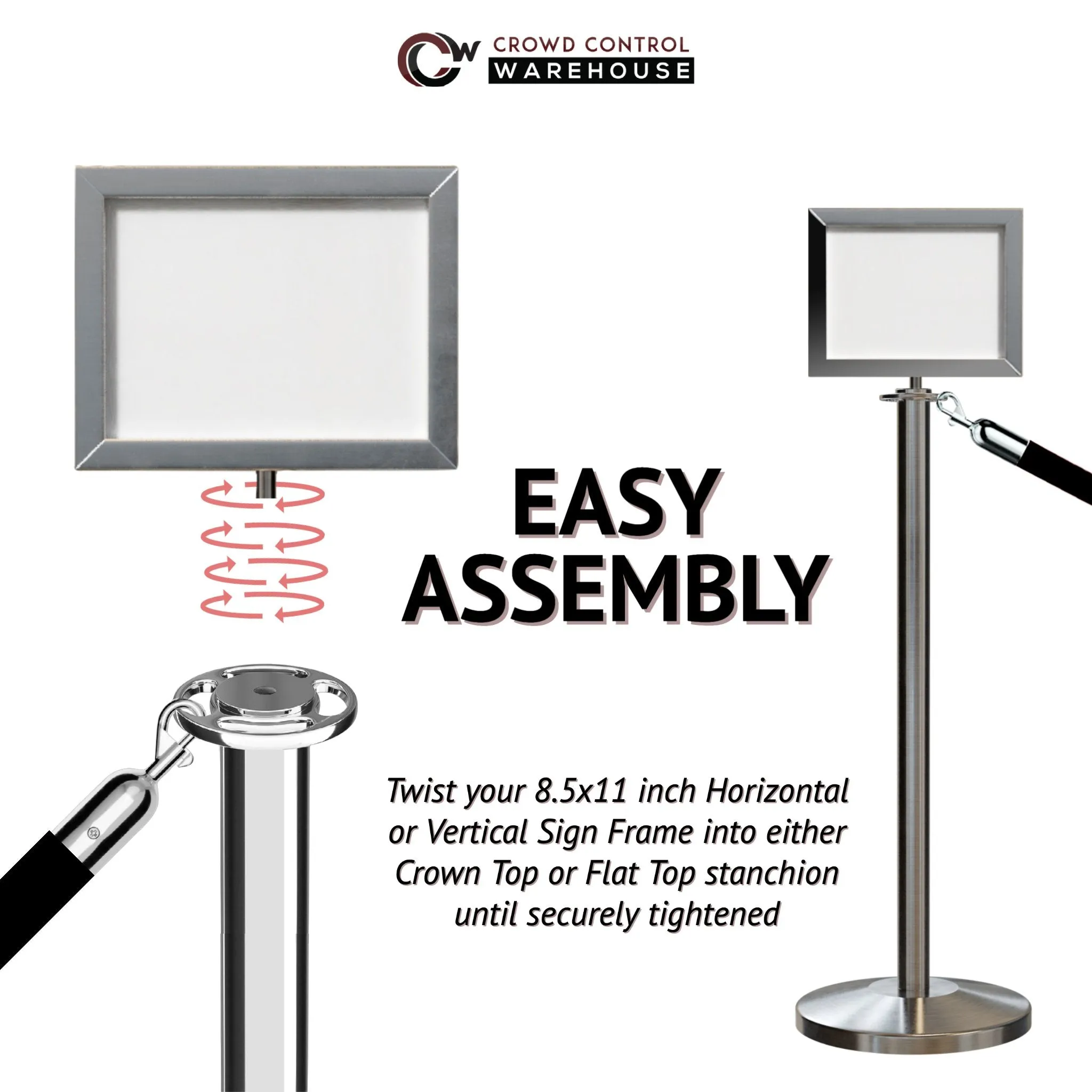 Flat Top Post and Rope Stanchion Kit with Sign Frame - Montour Line