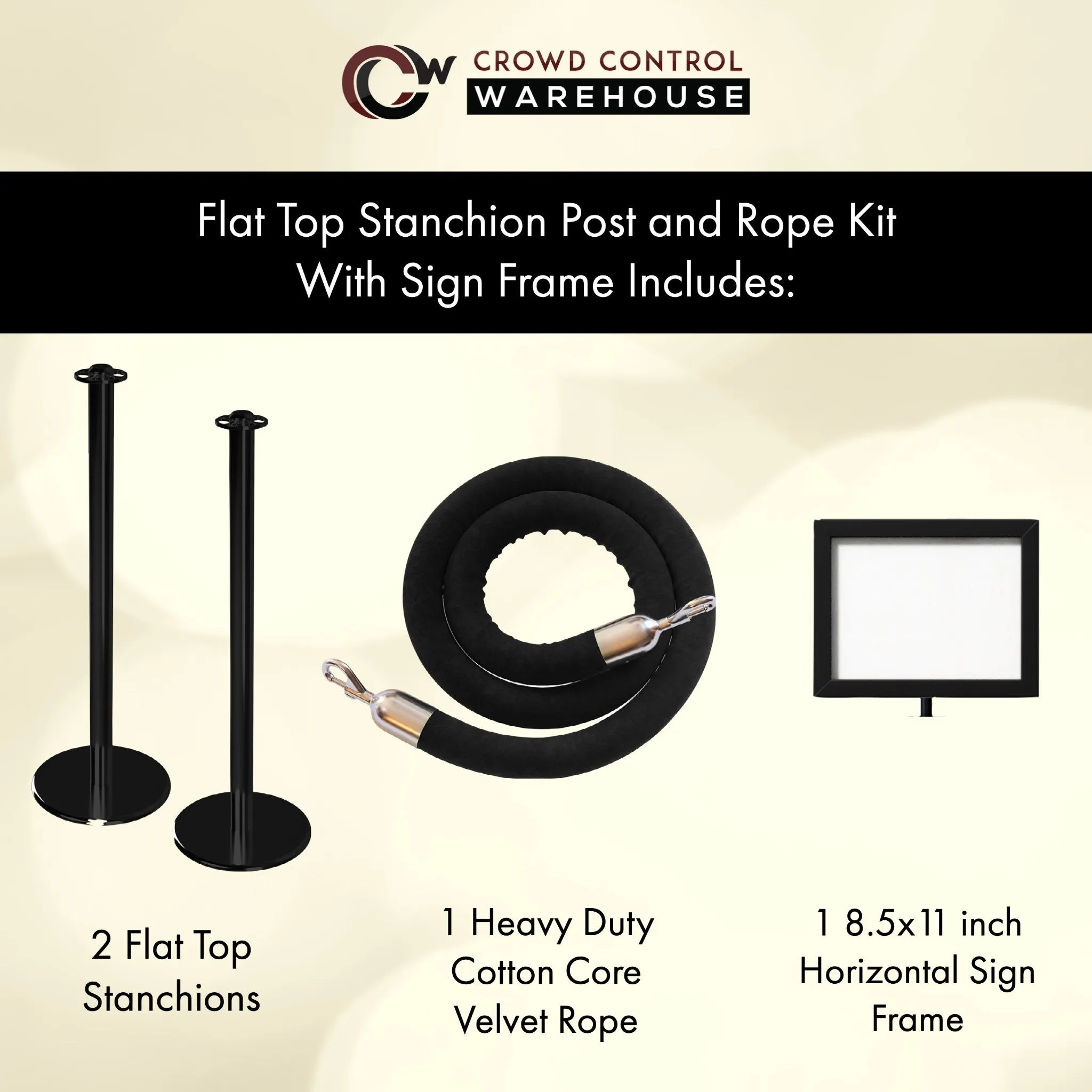 Flat Top Post and Rope Stanchion Kit with Sign Frame - Montour Line