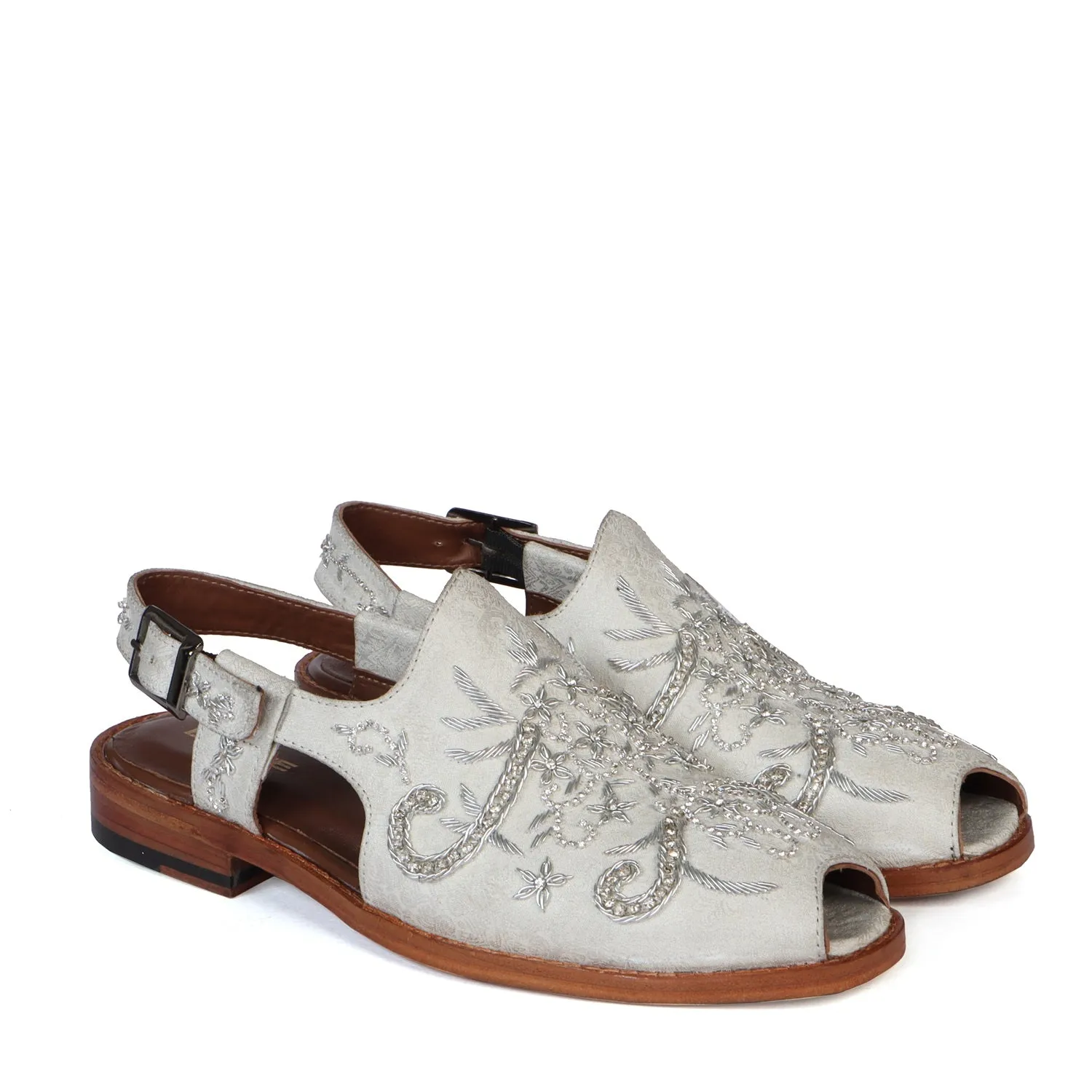 Full Zardosi Peshawari White Sandal with Gunmetal Buckle