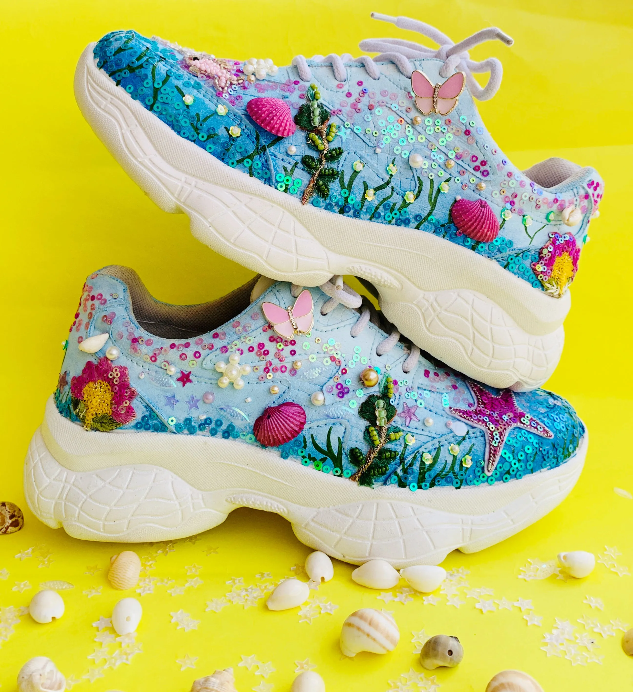 FUNKY N TRENDY Aqua theme intricate hand work sneakers for brides / bridesmaids / ocean theme sneakers / shells pearls etc