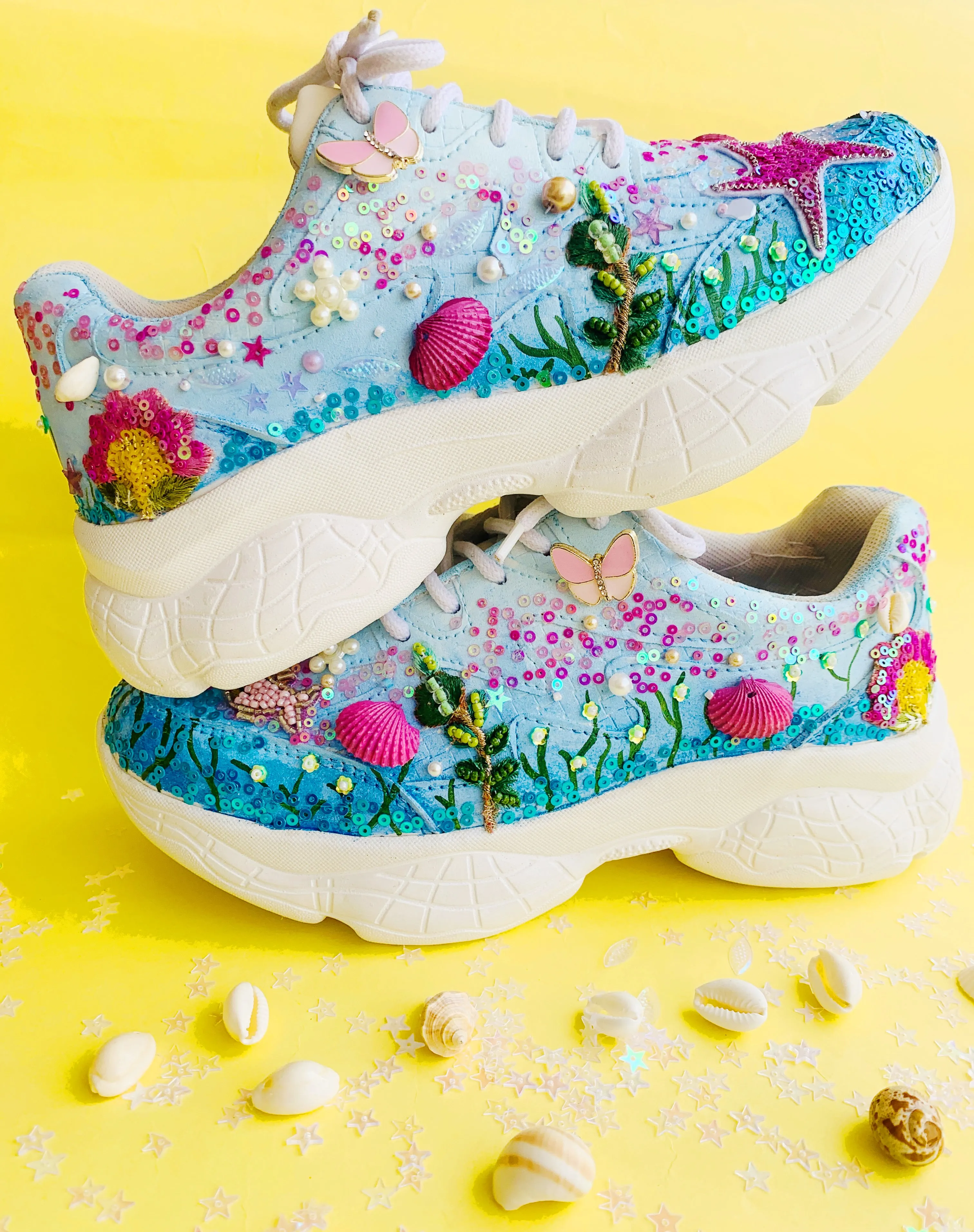 FUNKY N TRENDY Aqua theme intricate hand work sneakers for brides / bridesmaids / ocean theme sneakers / shells pearls etc