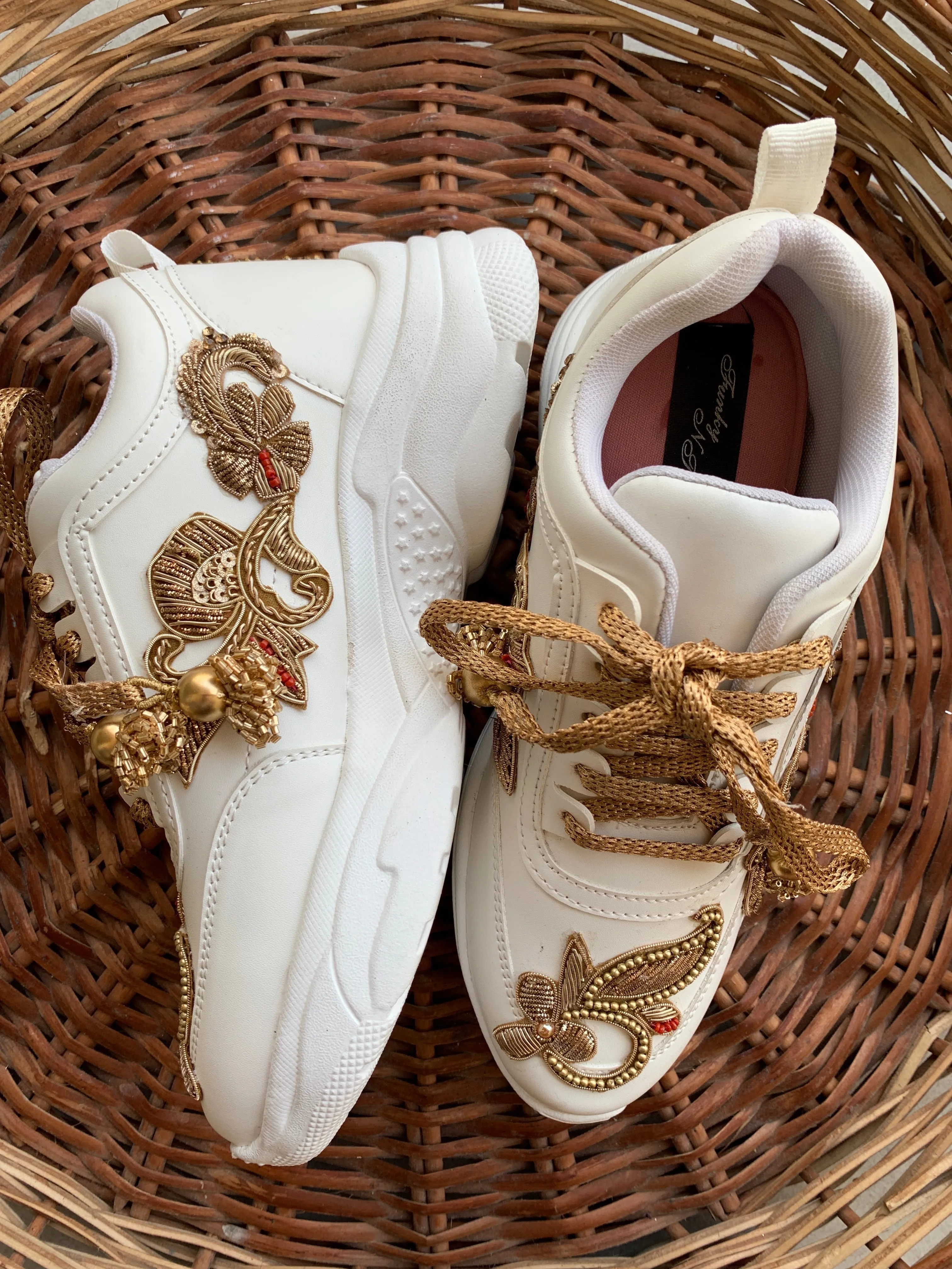 Funky N Trendy Couple sneakers/ bridal sneakers / groom sneakers/ gold sneakers / golden shoes/ zardozi sneakers zardozi shoes/ bride shoes/ groom shoes / couple shoes with Mr and Mrs tag