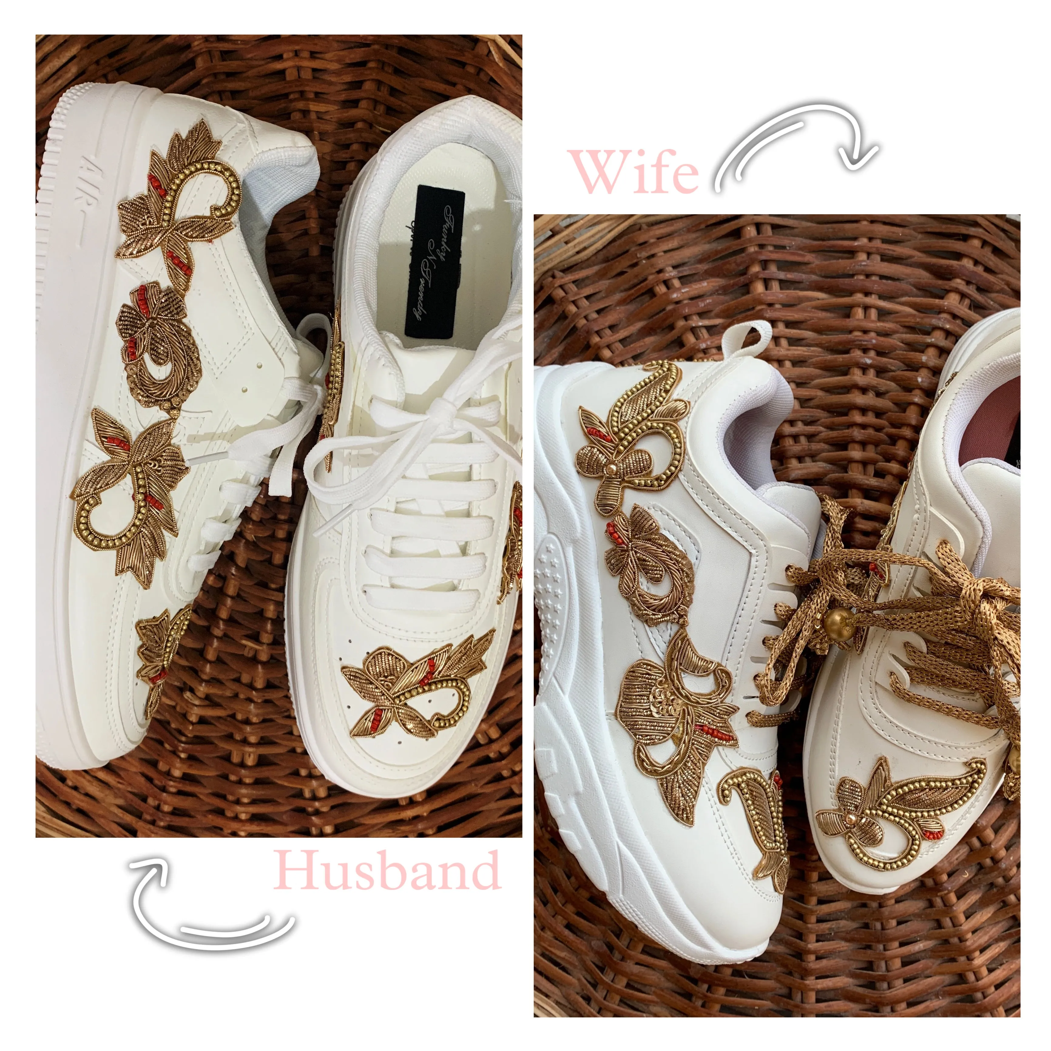 Funky N Trendy Couple sneakers/ bridal sneakers / groom sneakers/ gold sneakers / golden shoes/ zardozi sneakers zardozi shoes/ bride shoes/ groom shoes / couple shoes with Mr and Mrs tag