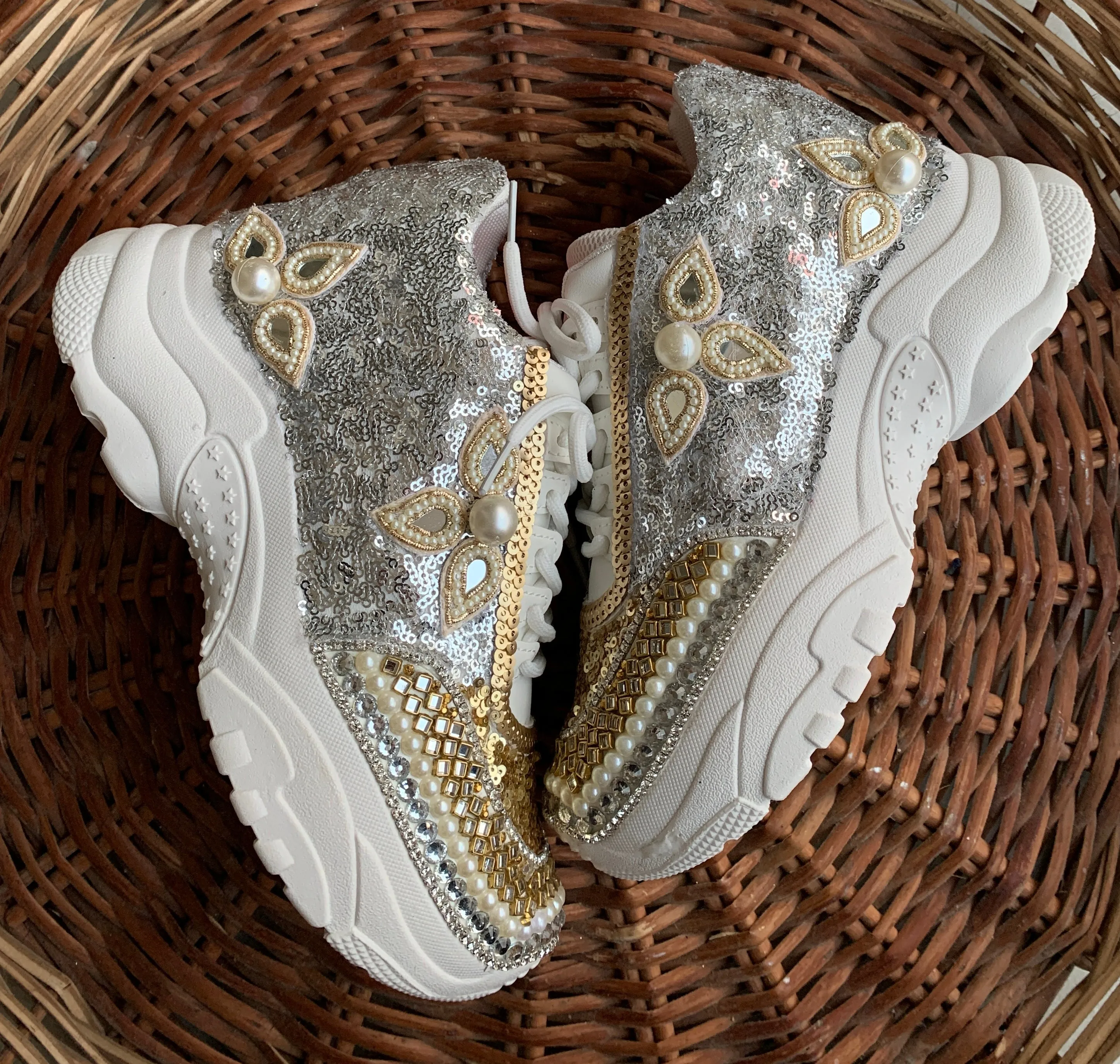 FUNKY N TRENDY dual color gold and silver sequine work sneakers for brides / bridesmaids/ gold sneakers / silver sneakers / gold shoes / silver shoes