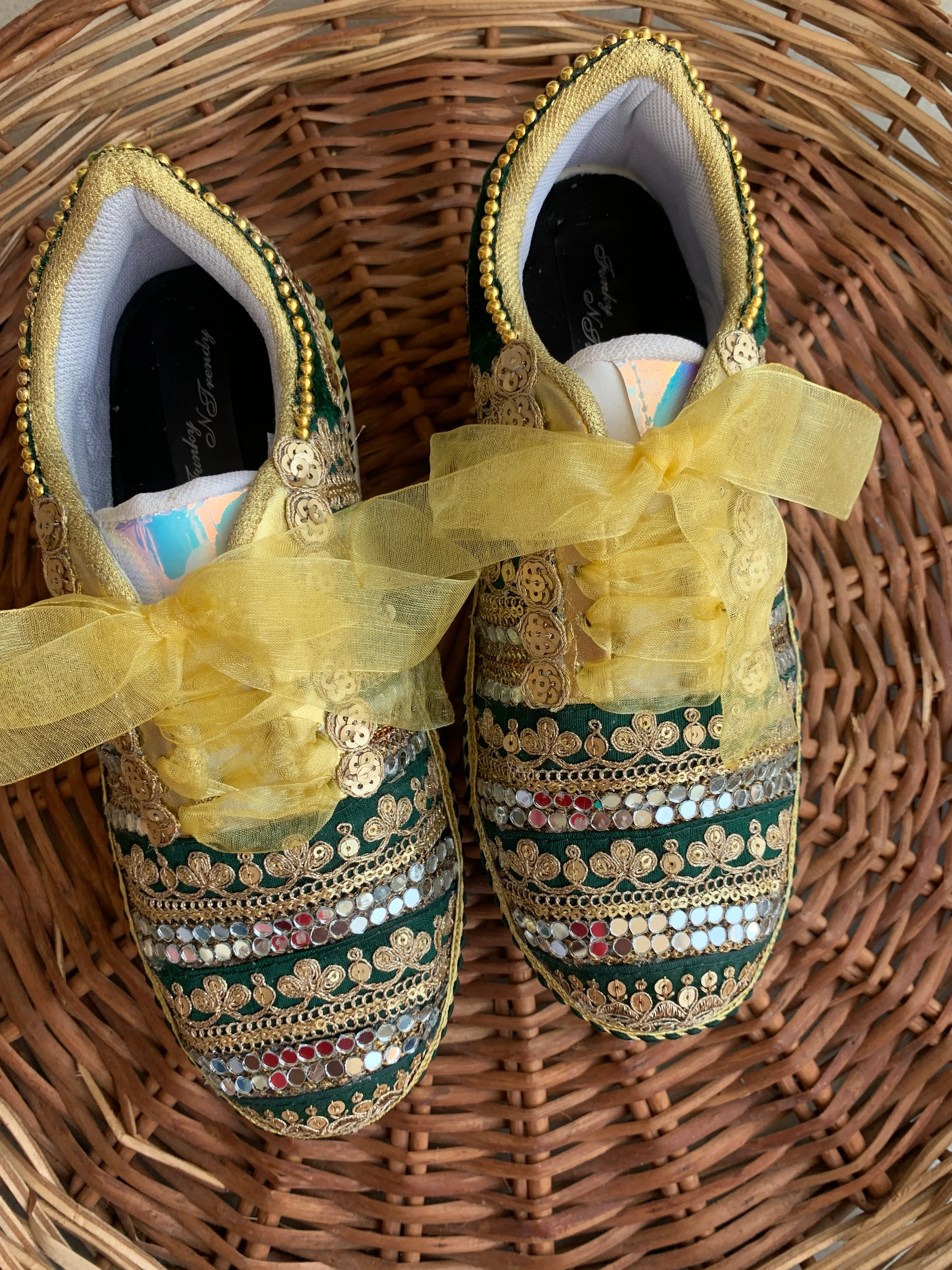 FUNKY N TRENDY green sneakers for brides /gold and green embroidered sneakers/ handcrafted sneakers/ golden sneakers / bridal sneakers / bridesmaid sneakers/ golden hand work sneakers/green sneakers