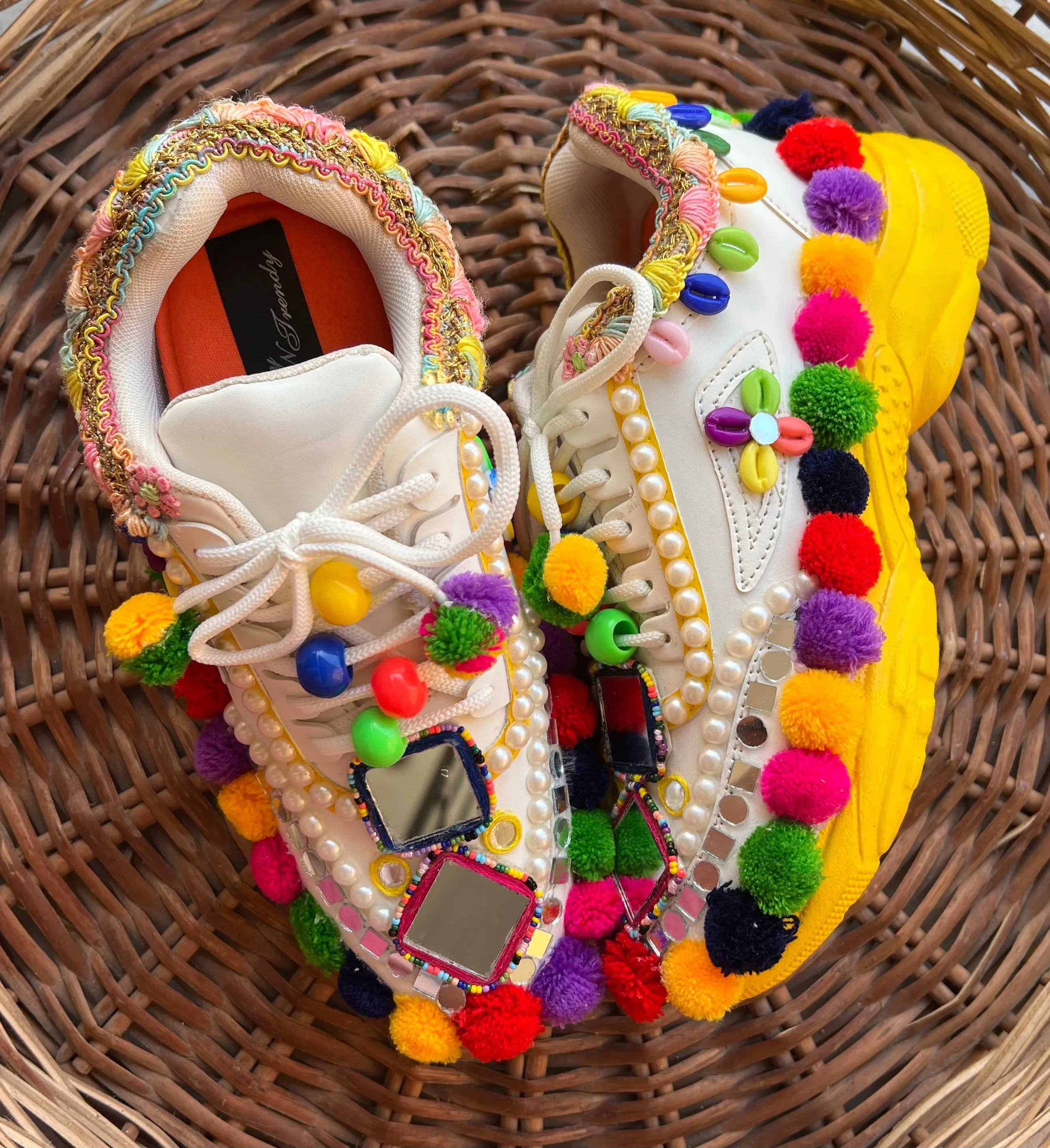 Funky N Trendy hand crafted yellow and multi colored  hand work bridal sneakers/ bridesmaid sneaker / yellow sneakers/ yellow shoes for haldi ceremony/ pom pom shoes/ garba shoes / Gujarati shoes