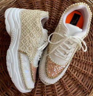 FUNKY N TRENDY ivory and tan peach sneakers with pearl detailing for brides / bridesmaids/ ivory sneakers / beige sneakers / tan peach shoes/ rose gold sneakers / rose gold shoes