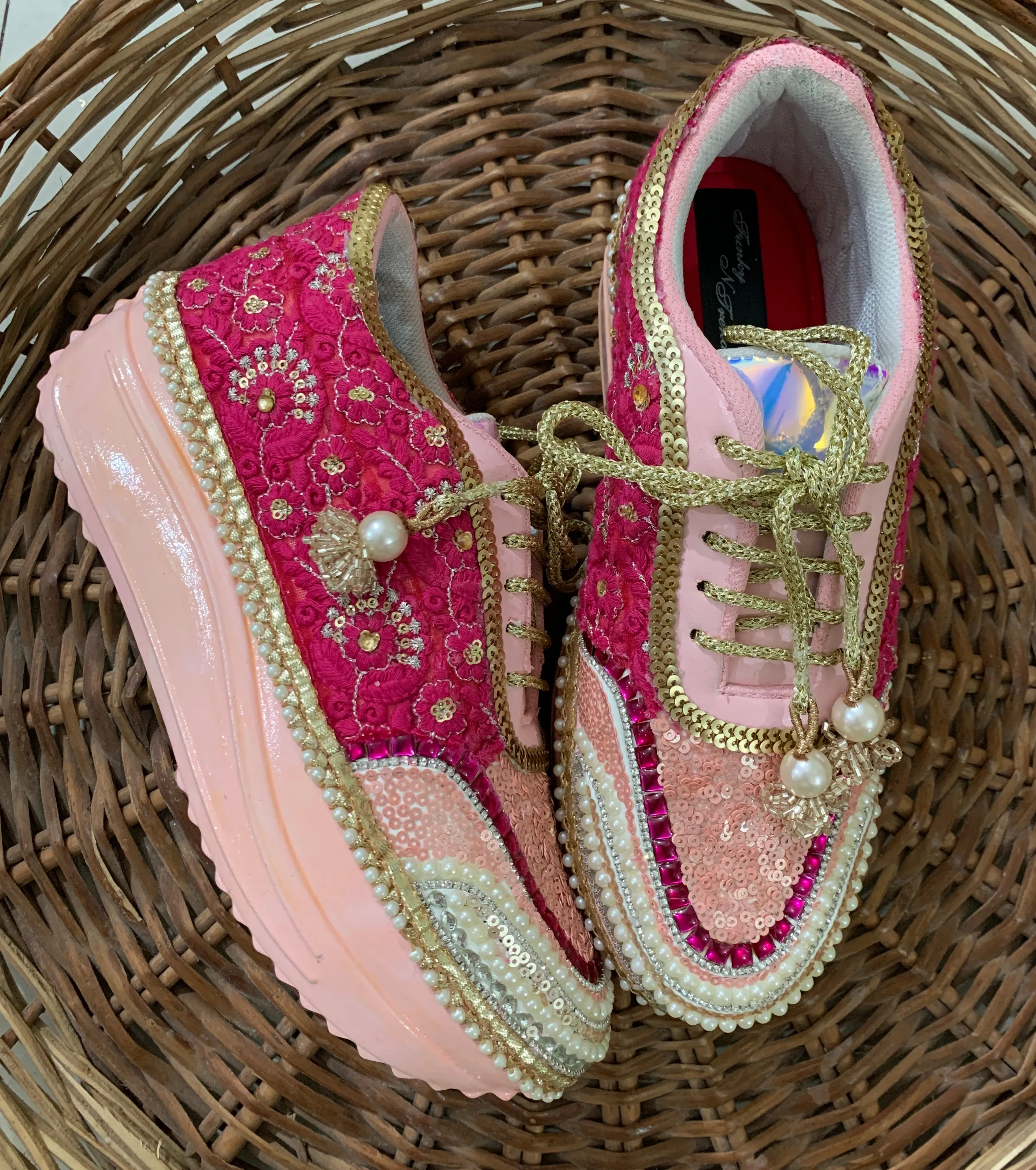 FUNKY N TRENDY peach/pink / pink embroidery sneakers with pearls detailing for brides / bridesmaids with custom couple name initials/ pink shoes / peach shoes/ rani color sneakers