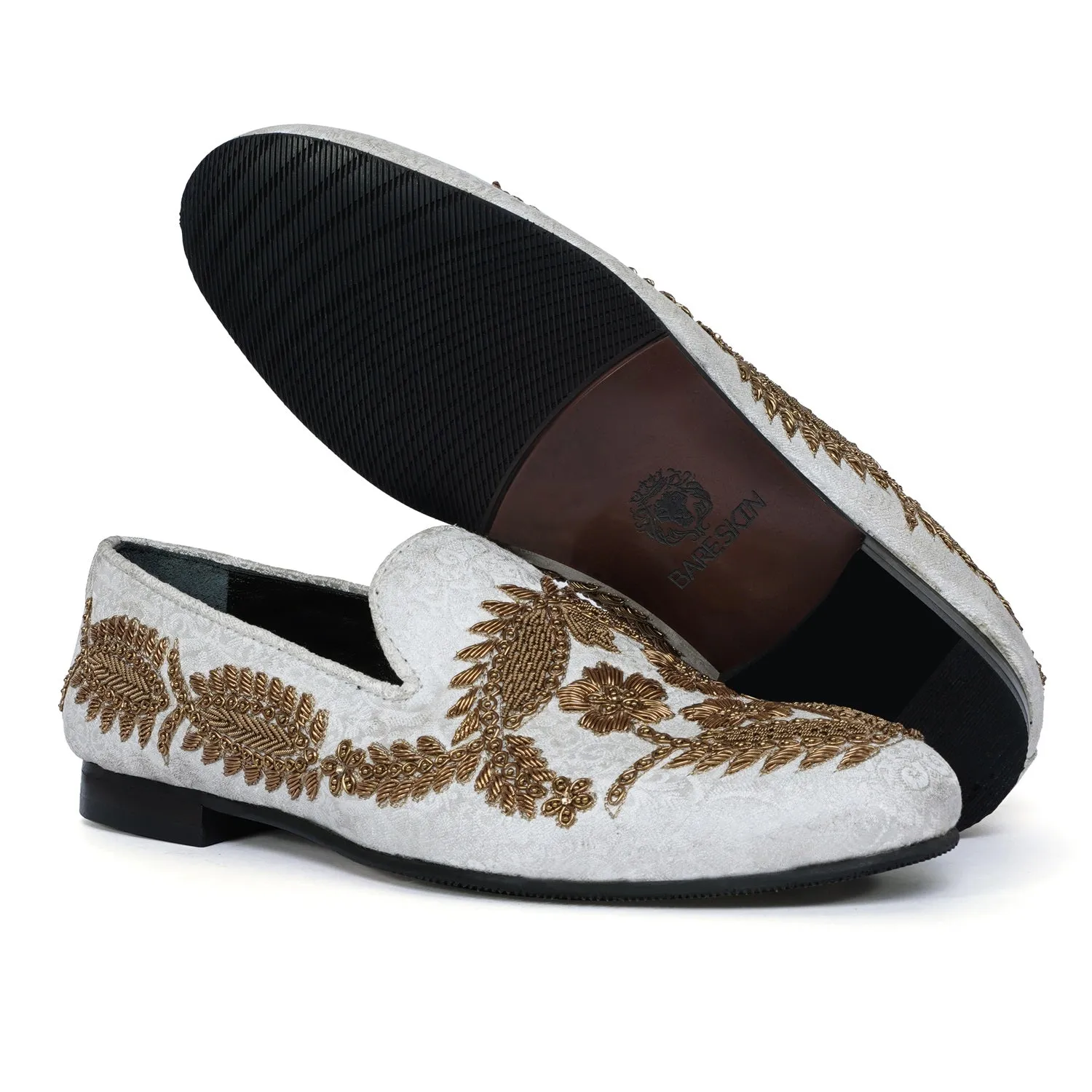 Golden Floral Knitting Hand Zardosi White Slip-On