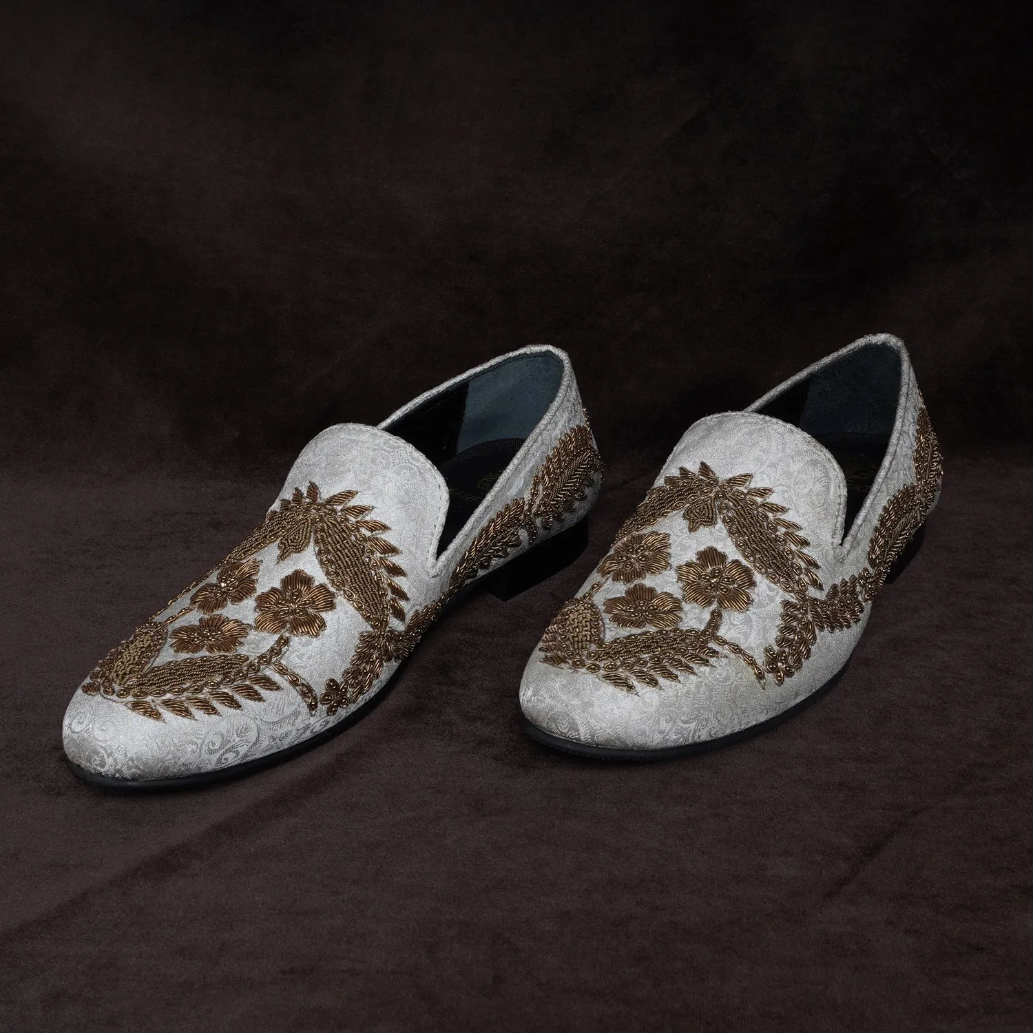 Golden Floral Knitting Hand Zardosi White Slip-On