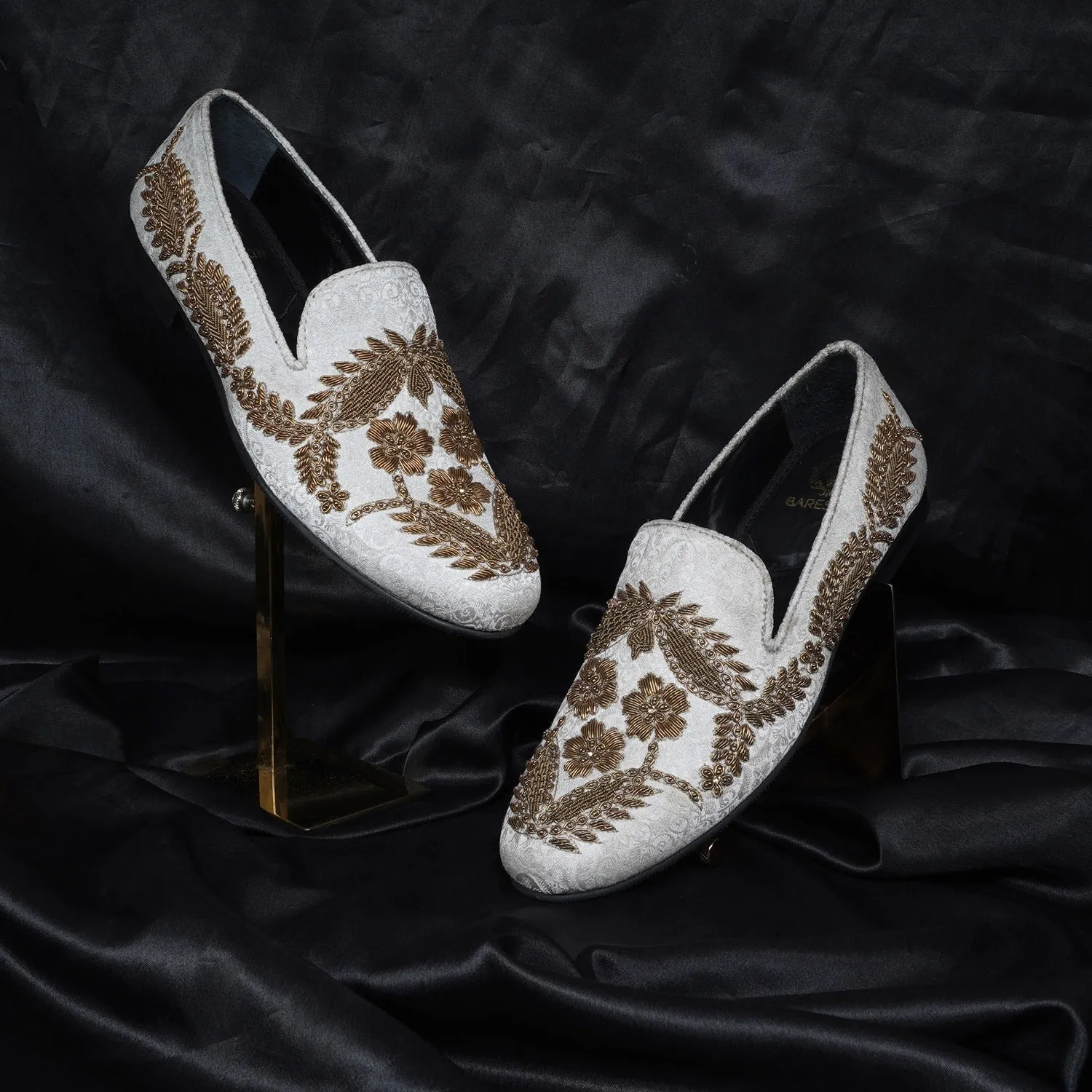 Golden Floral Knitting Hand Zardosi White Slip-On