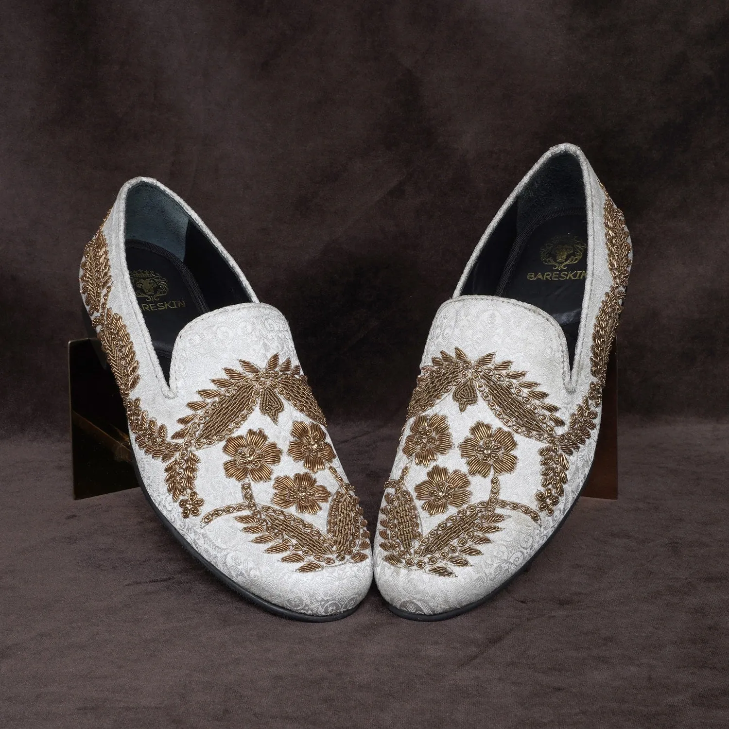 Golden Floral Knitting Hand Zardosi White Slip-On