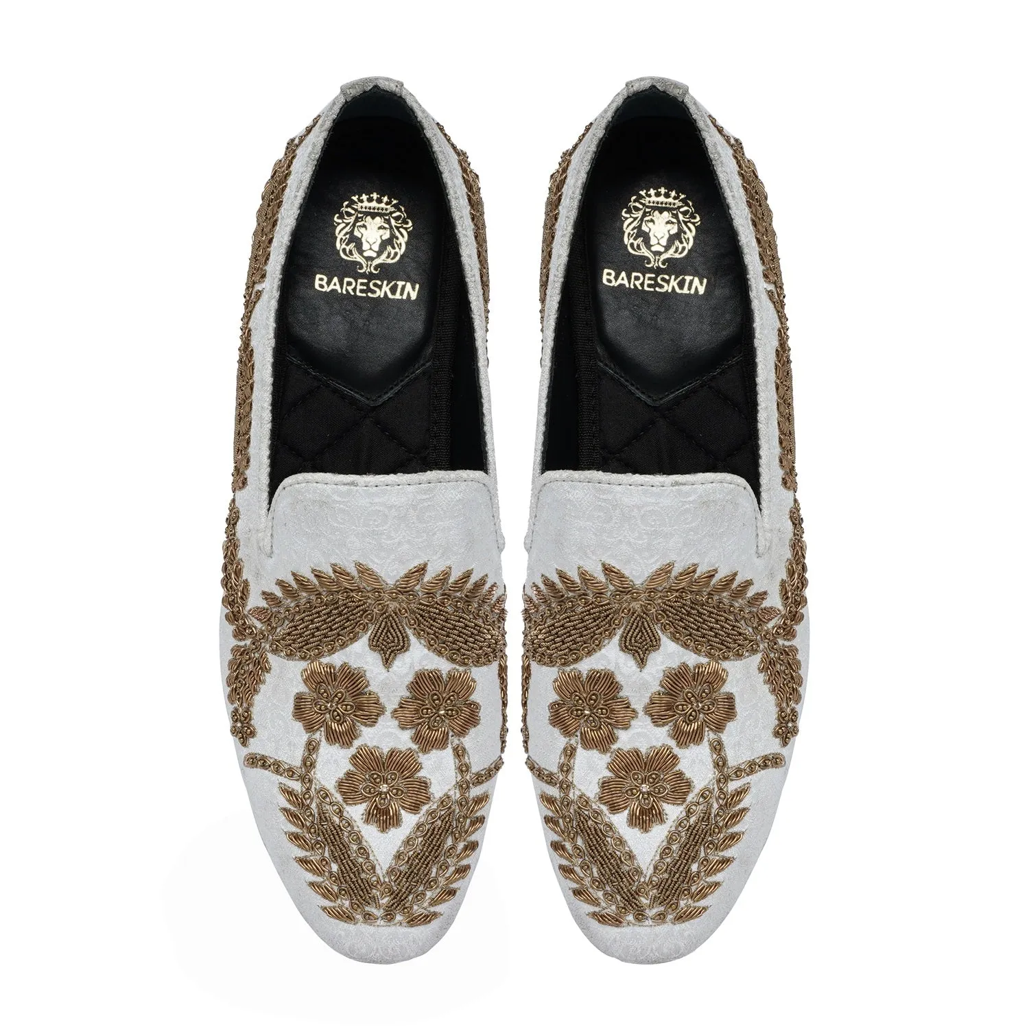 Golden Floral Knitting Hand Zardosi White Slip-On