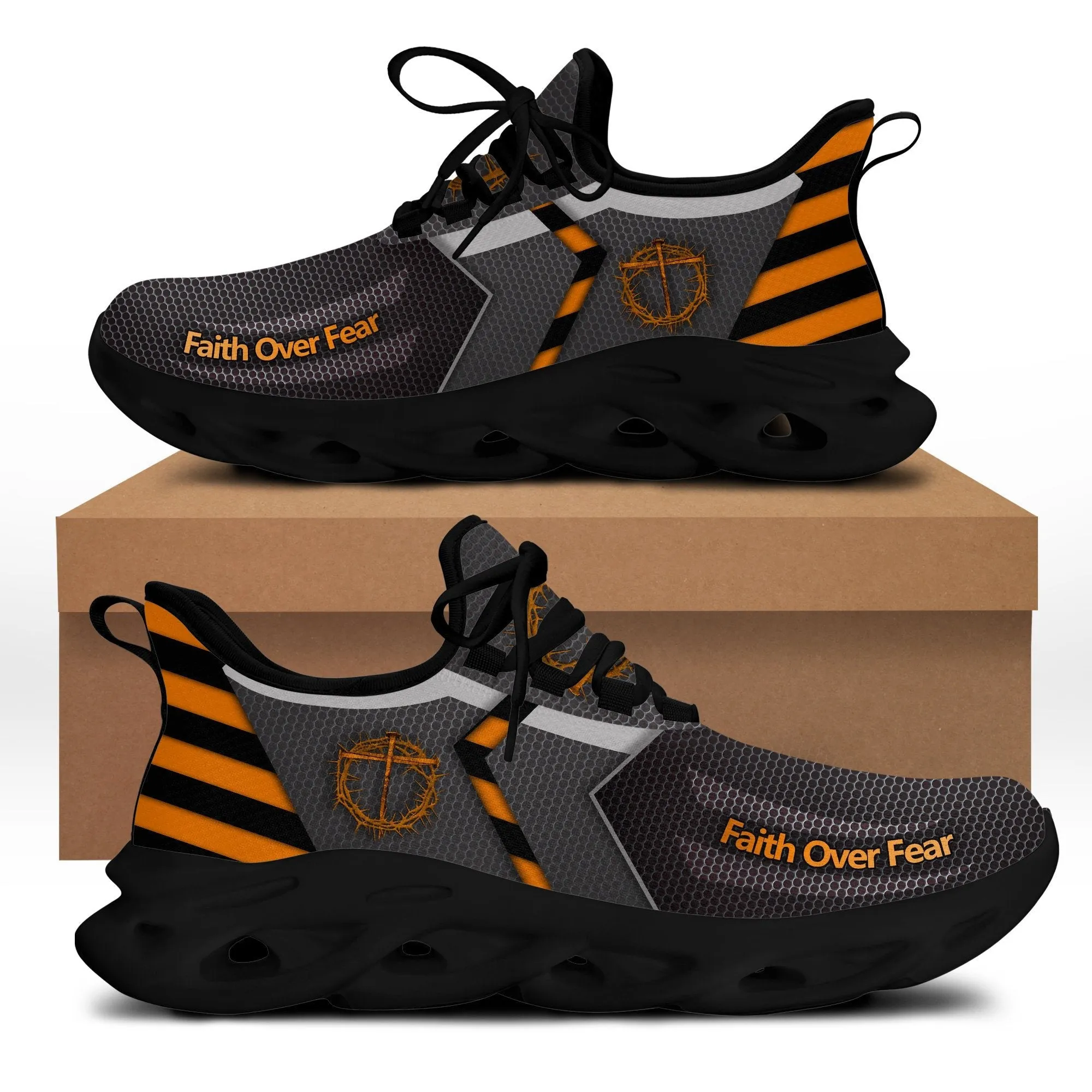 Grey Jesus Faith Over Fear Running Sneakers Max Soul Shoes - Christian Shoes For Men And Women