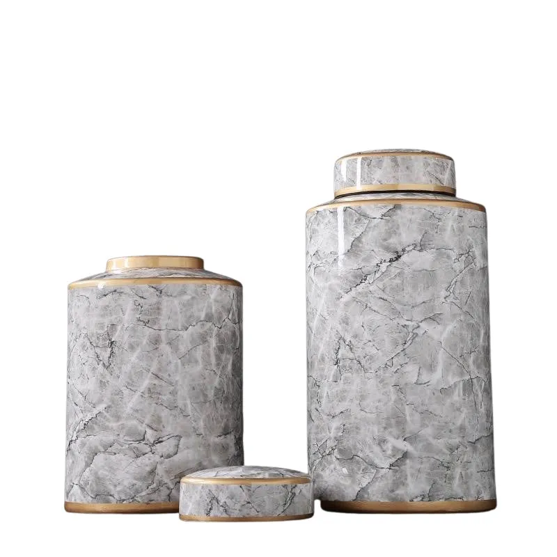 Grey Marble Urn Vase with Gold Trim