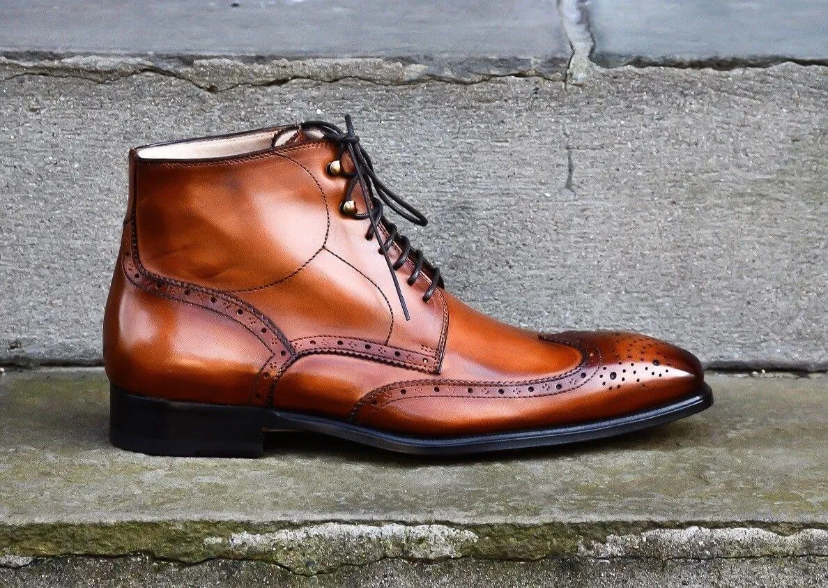 Hand Stitched Men Lace Up Ankle High Boots, Brown Brogues Designer Leather Boots