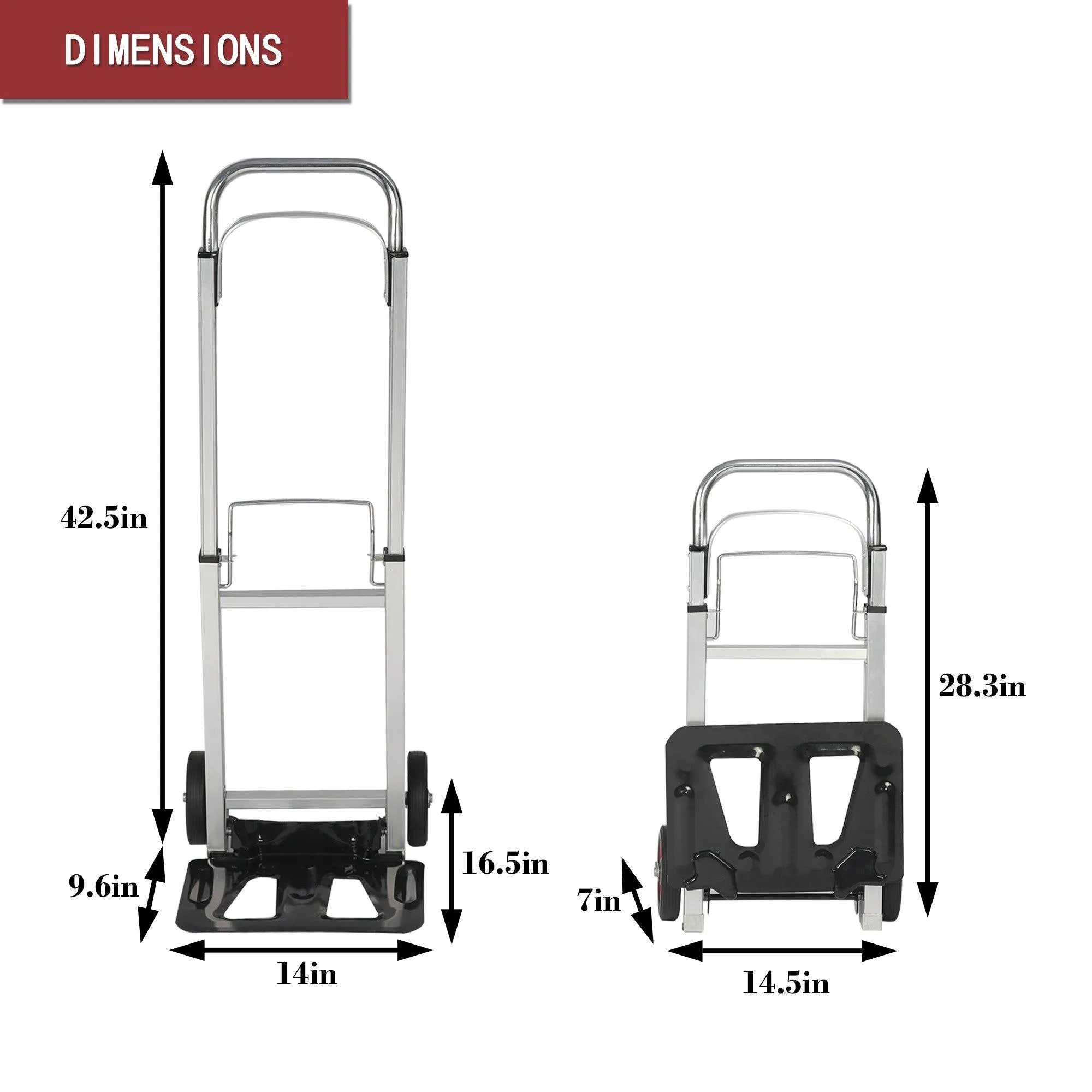 Hand Truck Portable Folding Compact Trolley Heavy-duty Aluminum Luggage Cart with 2 Wheels