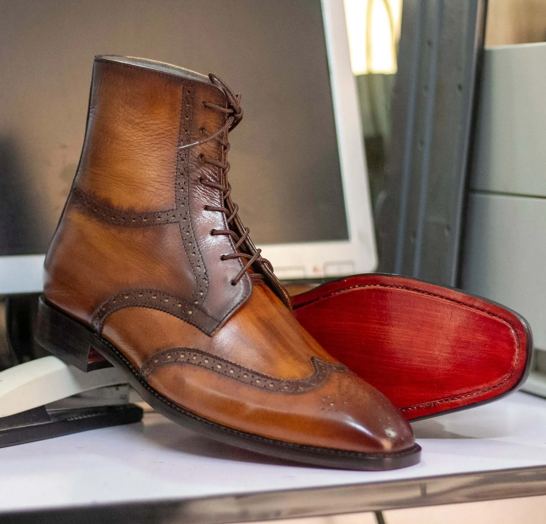 Handmade Ankle High Brown Derby Boot, Wing Tip Leather Lace Up Boot