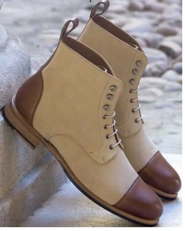 Handmade Brown & Beige Cap Toe Boot, Men's Leather Lace Up Ankle Boot, Formal Wear Oxford Boot