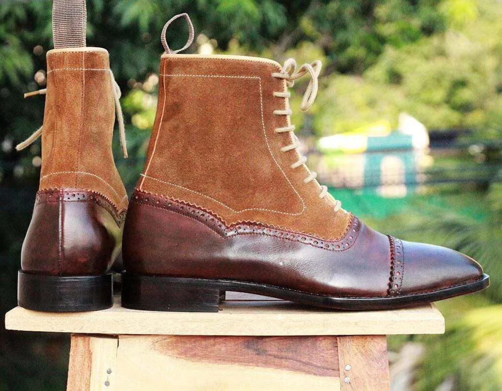 Handmade Brown Beige Ankle Boots For Men