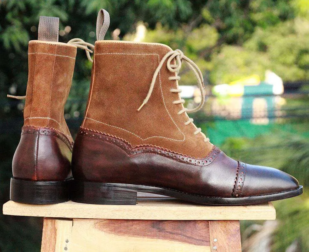 Handmade Brown Beige Ankle Boots For Men