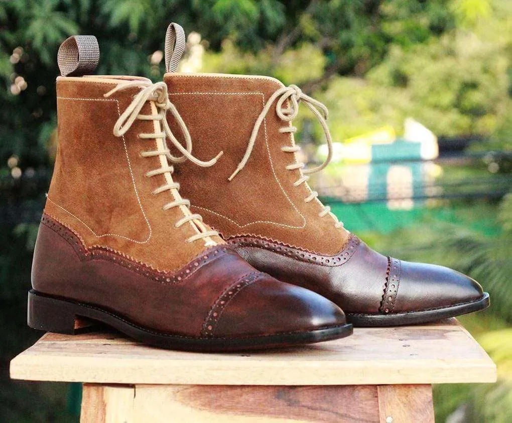 Handmade Brown Beige Ankle Boots For Men