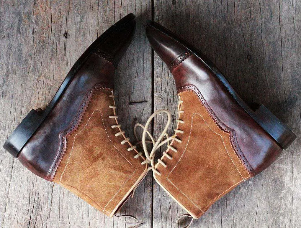 Handmade Brown Beige Ankle Boots For Men