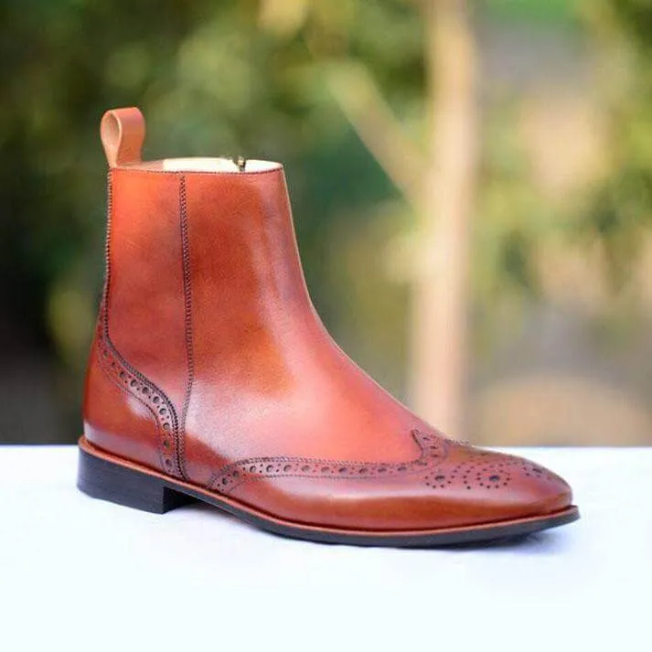 Handmade Brown Leather Boot, Men's Ankle High Side Zipper Wing Tip Brogue Dress Boot