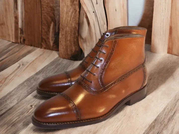 Handmade Men's Cap Toe Lace Up Boot, Ankle High Cap Toe Leather Boot