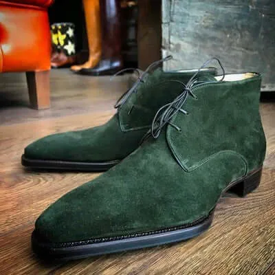 Handmade Men's Chukka Boot, Men's green Suede Casual Chukka Lace Up Boot