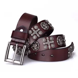 Heavy Metal Rivet Skull Cross Pattern Leather Belt