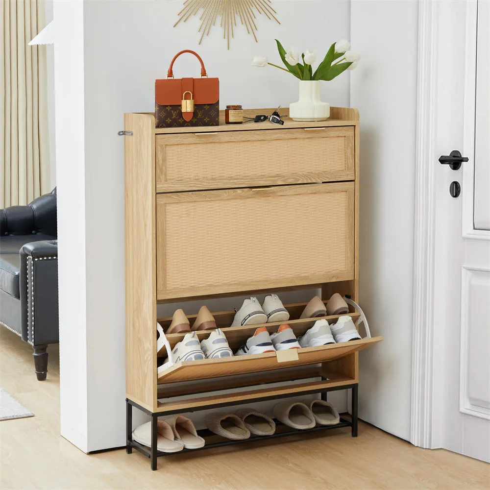 Hidden Shoe Cabinet Free Standing Narrow Shoe Rack Cabinet with 2 Flip Drawer