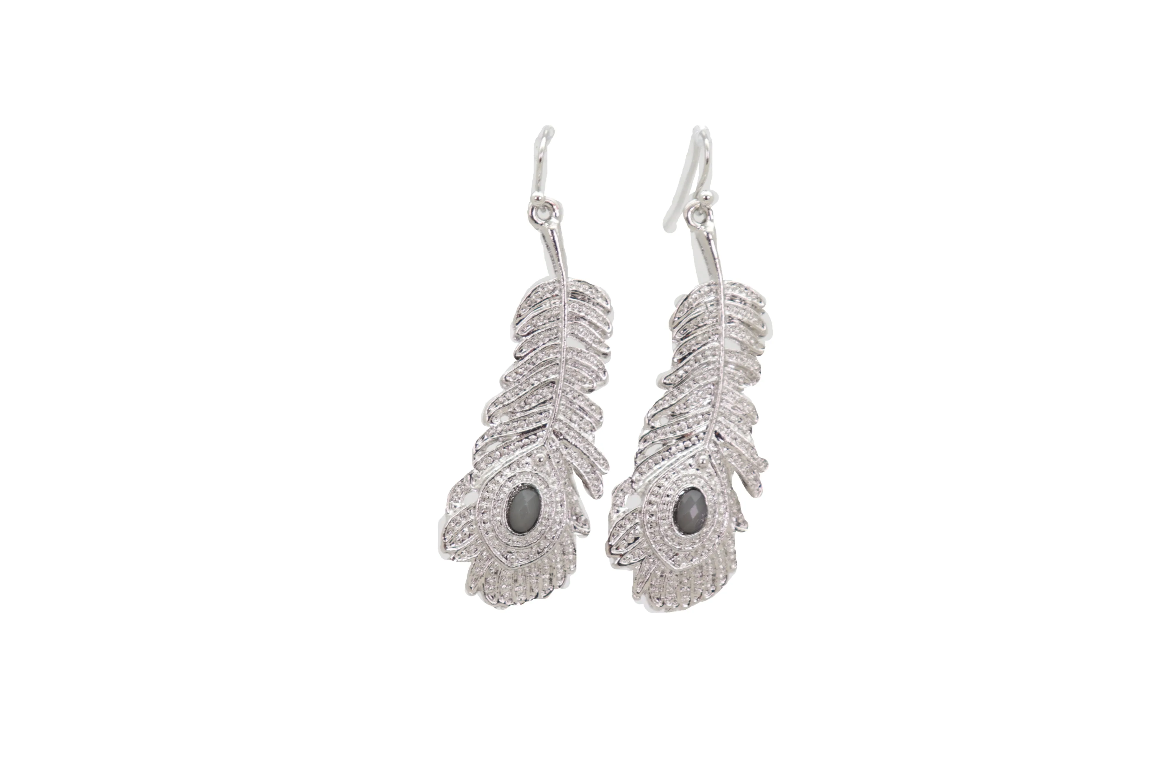 Hook Earrings Silver Metal Bird Feather Peacock Gray Beads