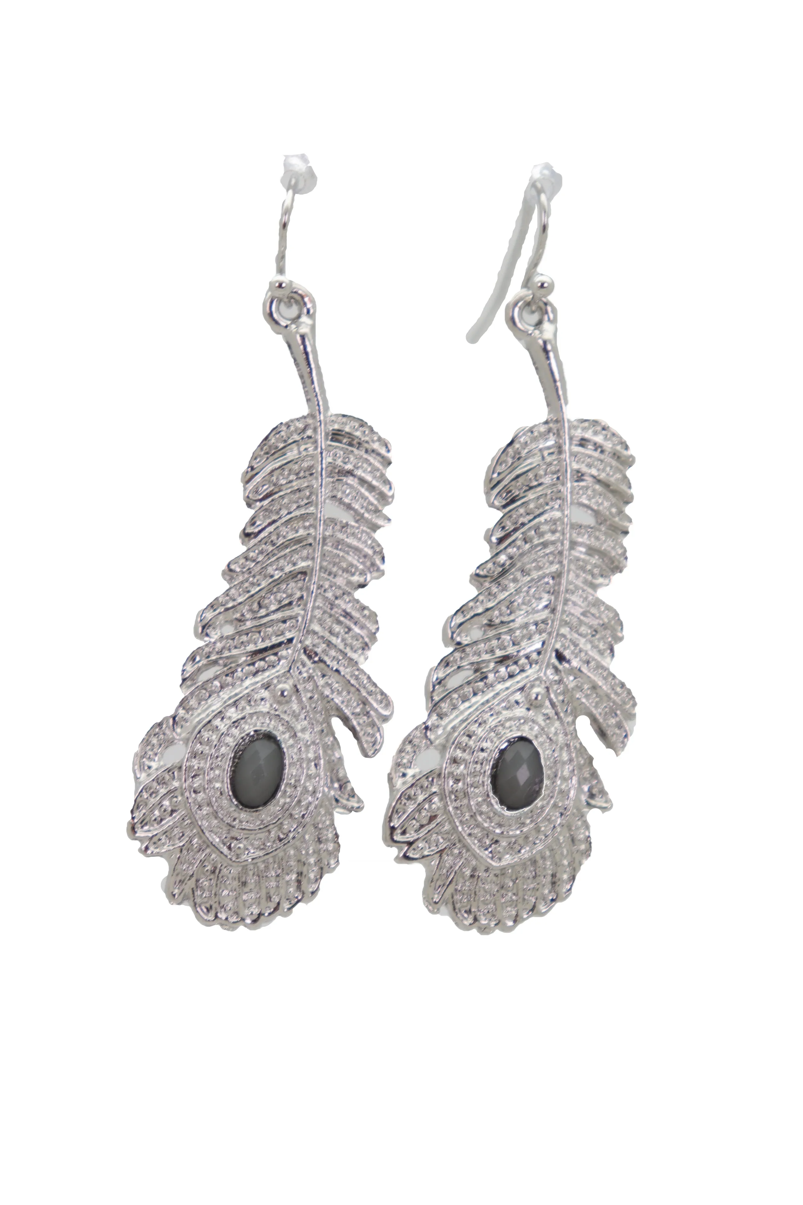 Hook Earrings Silver Metal Bird Feather Peacock Gray Beads