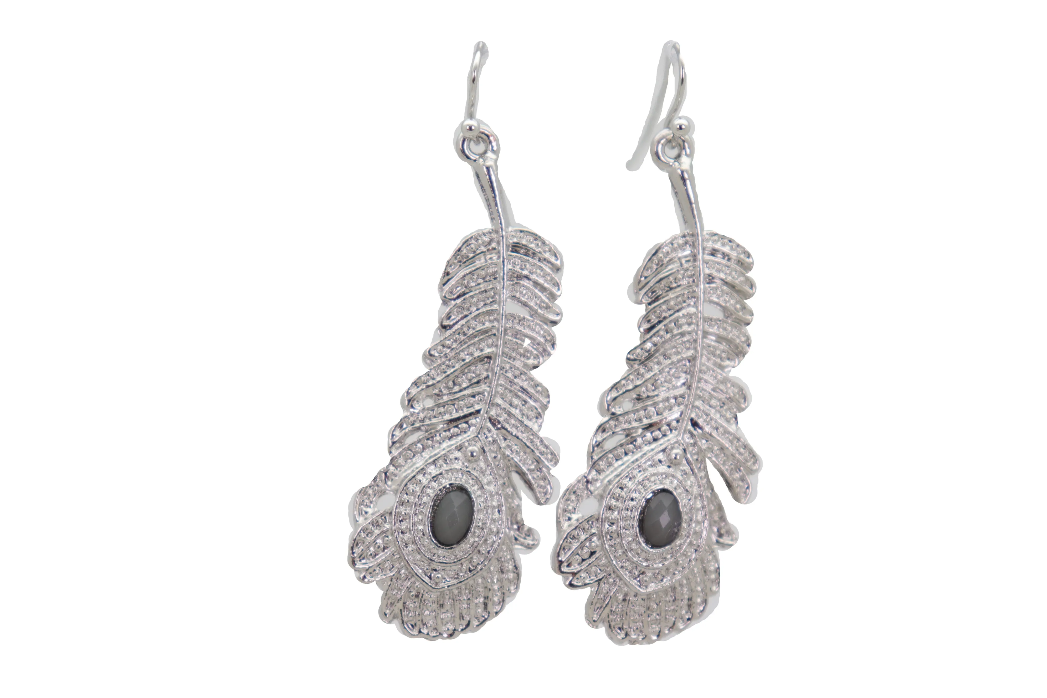 Hook Earrings Silver Metal Bird Feather Peacock Gray Beads