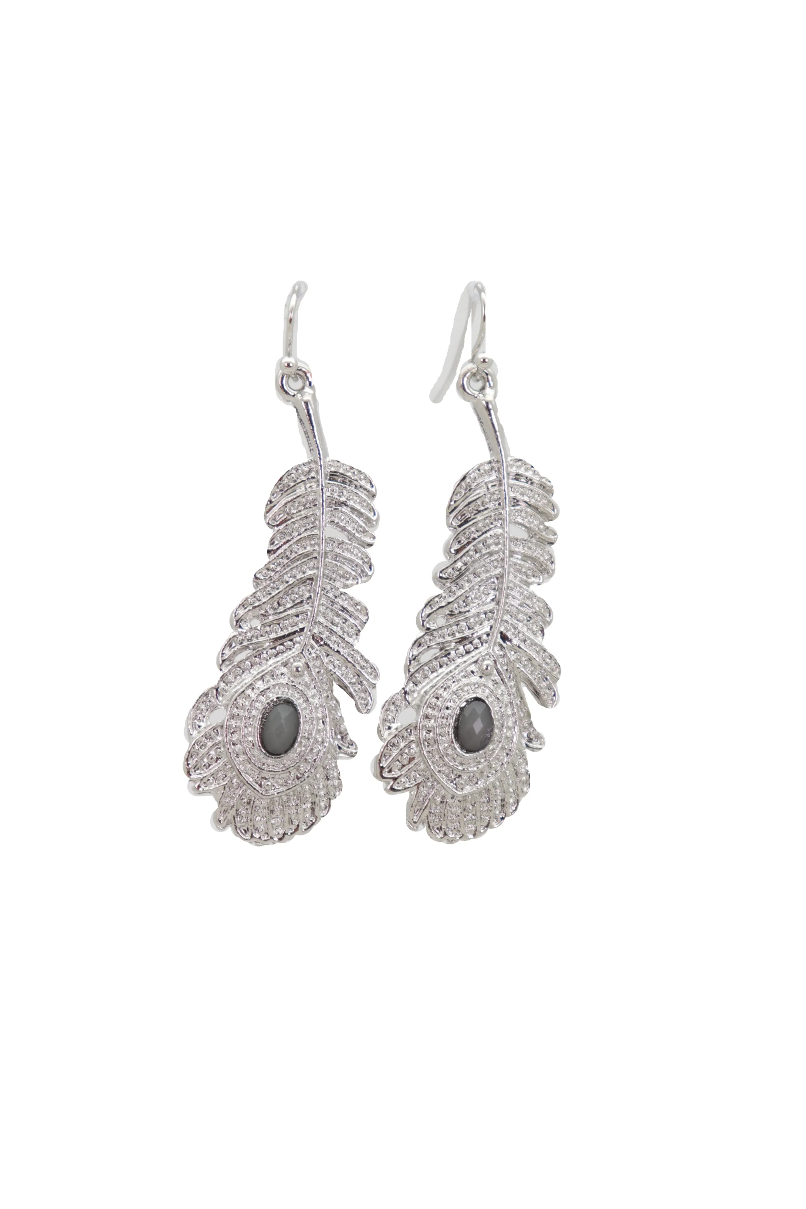 Hook Earrings Silver Metal Bird Feather Peacock Gray Beads