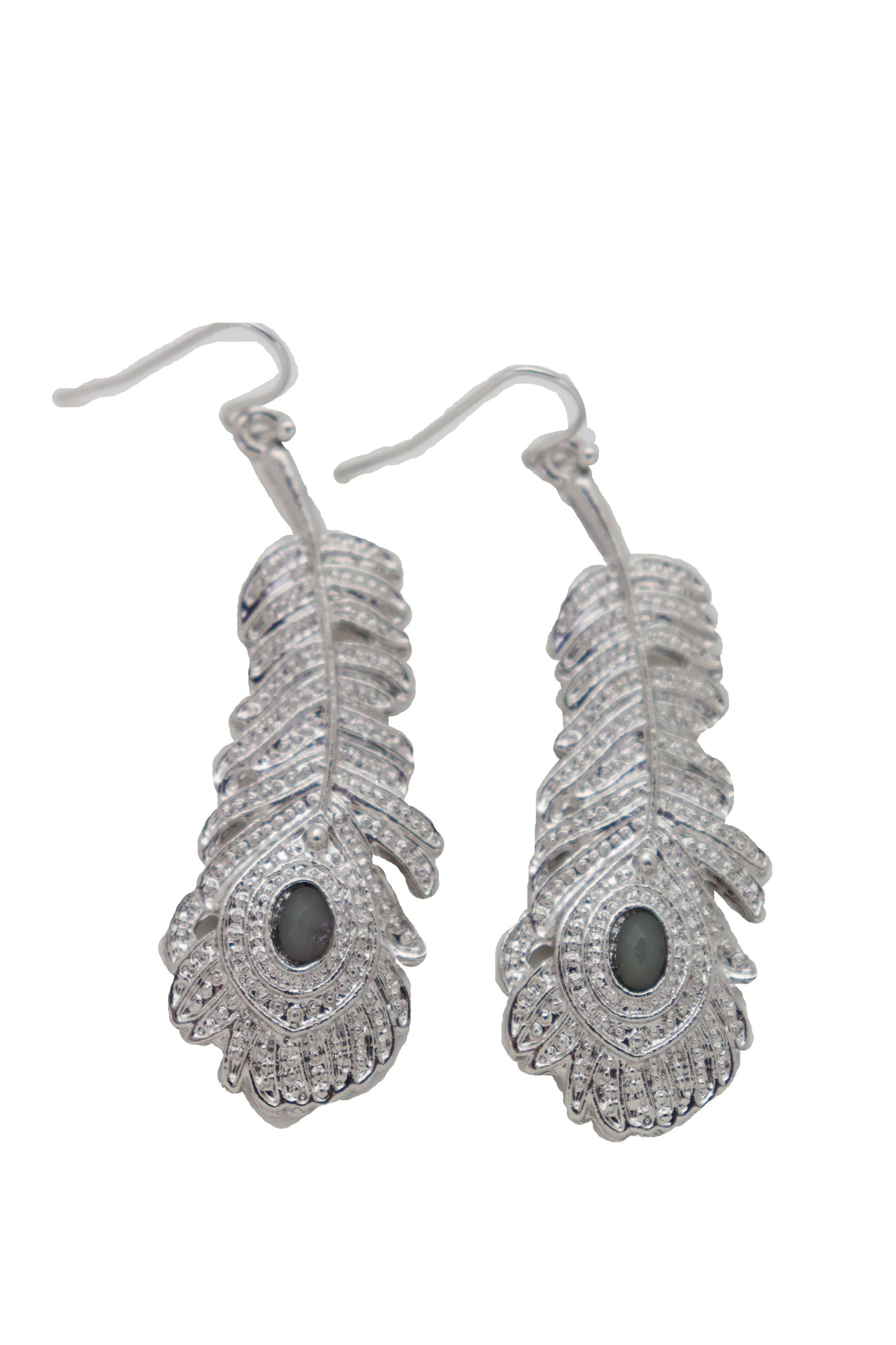 Hook Earrings Silver Metal Bird Feather Peacock Gray Beads