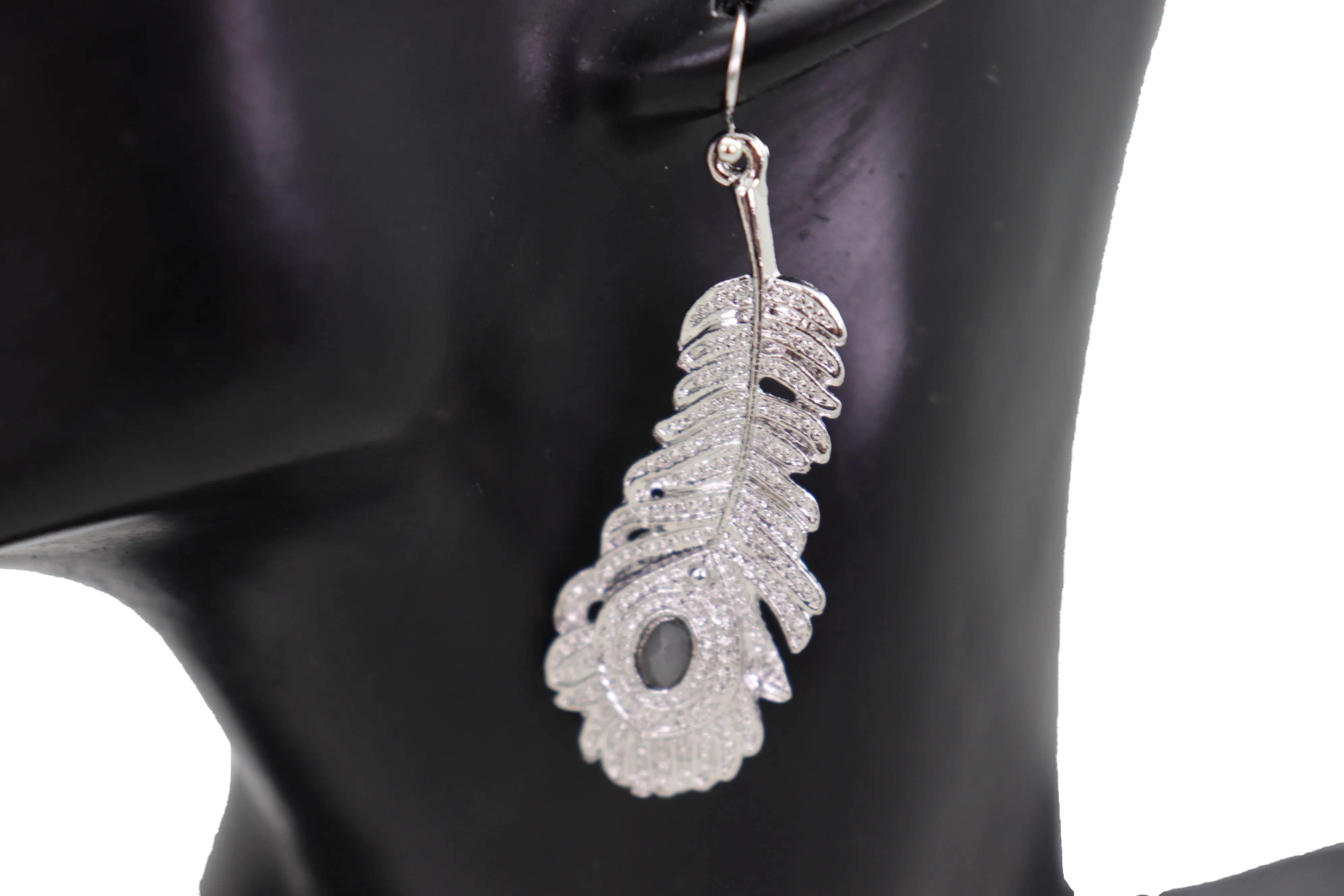 Hook Earrings Silver Metal Bird Feather Peacock Gray Beads