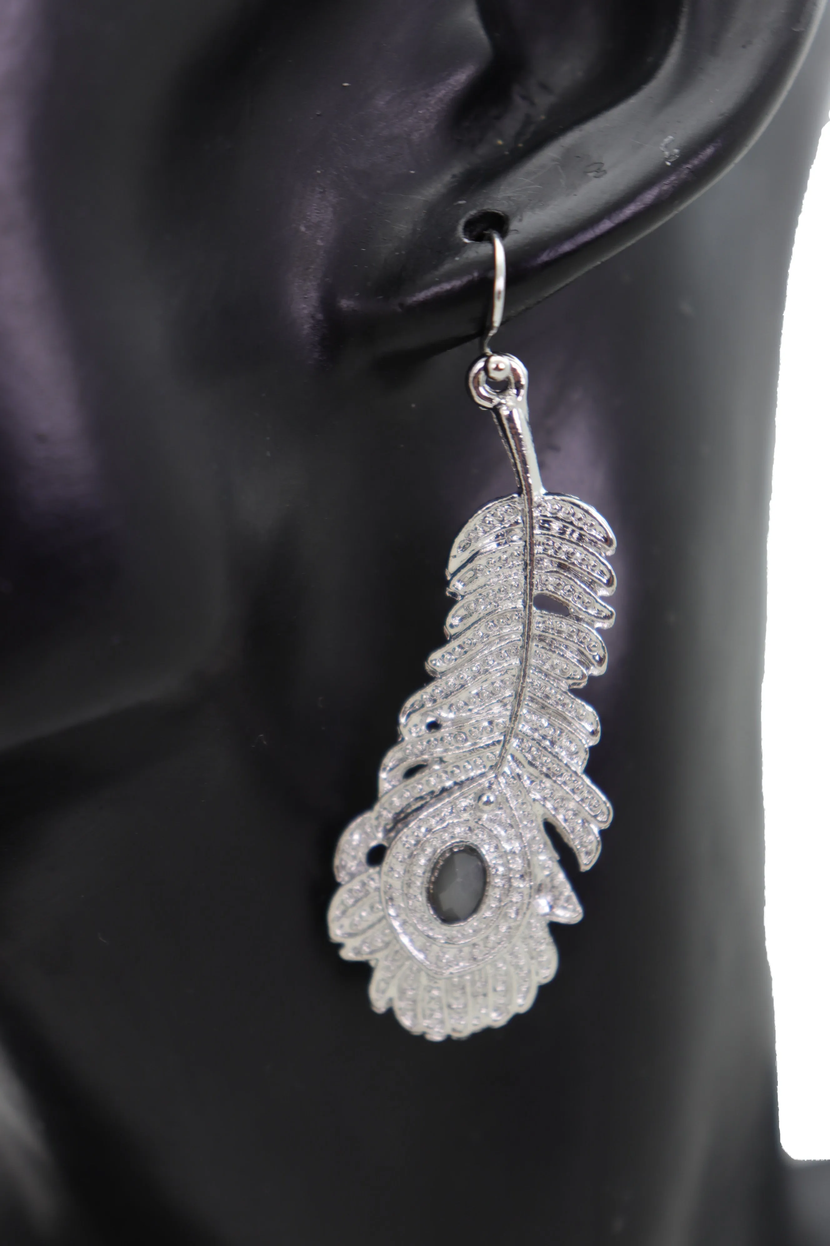 Hook Earrings Silver Metal Bird Feather Peacock Gray Beads