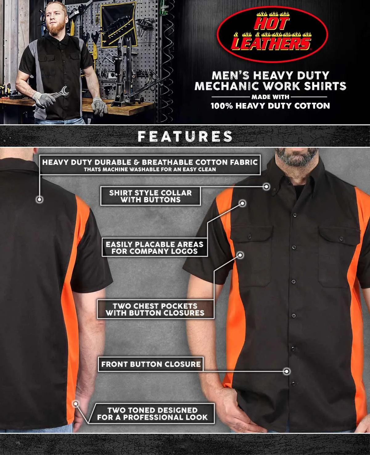 Hot Leathers GMM1003 Men's Mechanics 2-Tone Sides Button Up Heavy-Duty Work Shirt for | Classic Mechanic Work Shirt