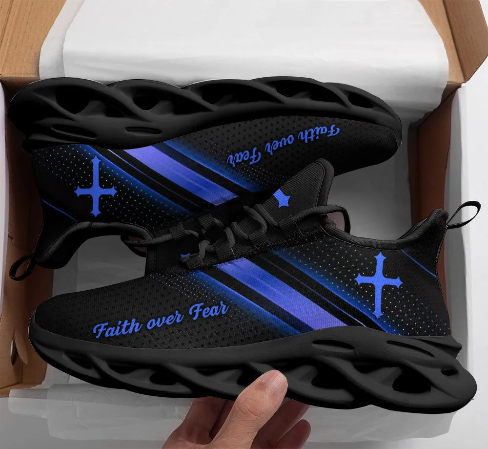 Jesus Black Blue Faith Over Fear Running Sneakers Max Soul Shoes - Christian Shoes For Men And Women