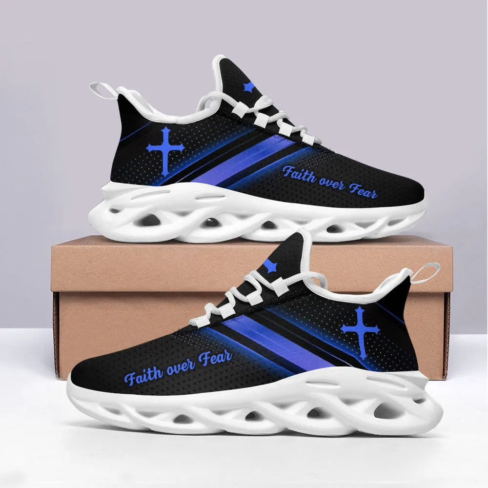 Jesus Black Blue Faith Over Fear Running Sneakers Max Soul Shoes - Christian Shoes For Men And Women