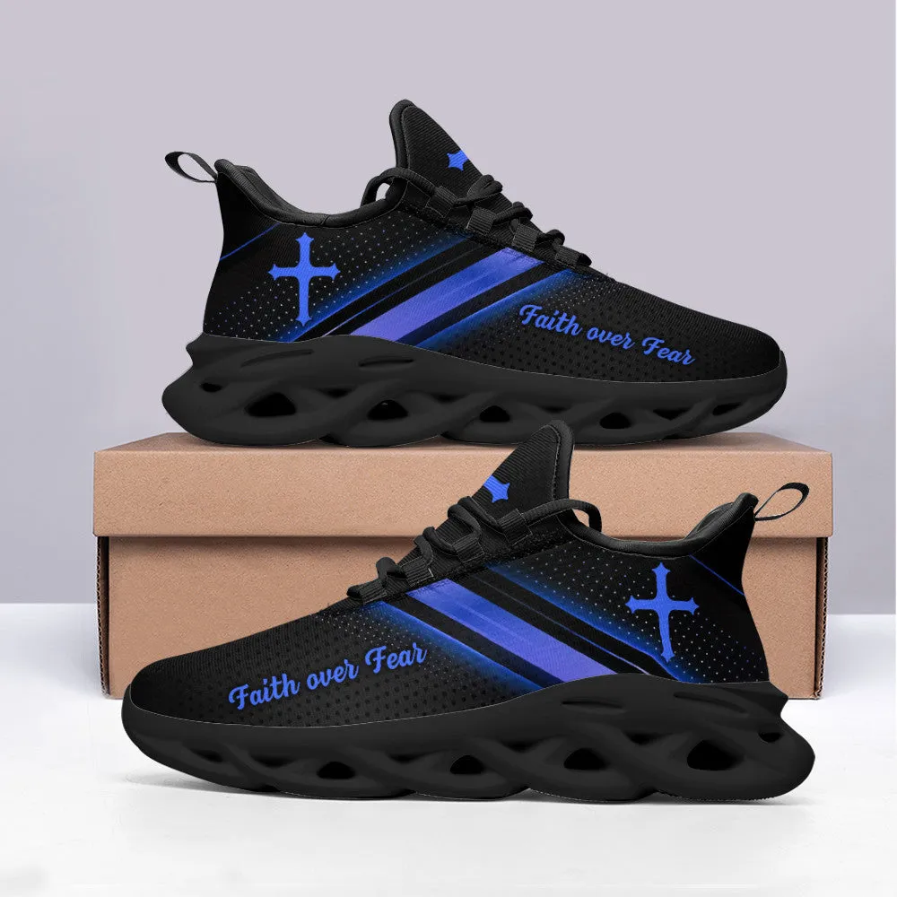 Jesus Black Blue Faith Over Fear Running Sneakers Max Soul Shoes - Christian Shoes For Men And Women