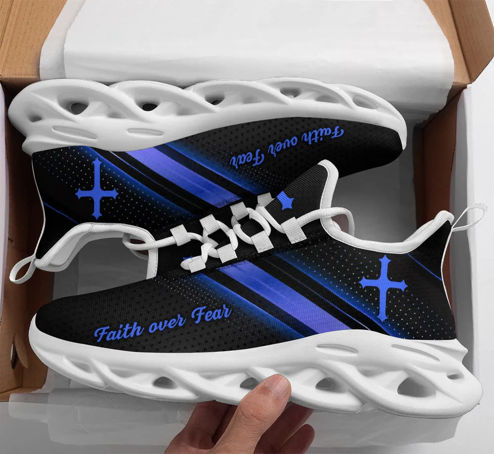 Jesus Black Blue Faith Over Fear Running Sneakers Max Soul Shoes - Christian Shoes For Men And Women