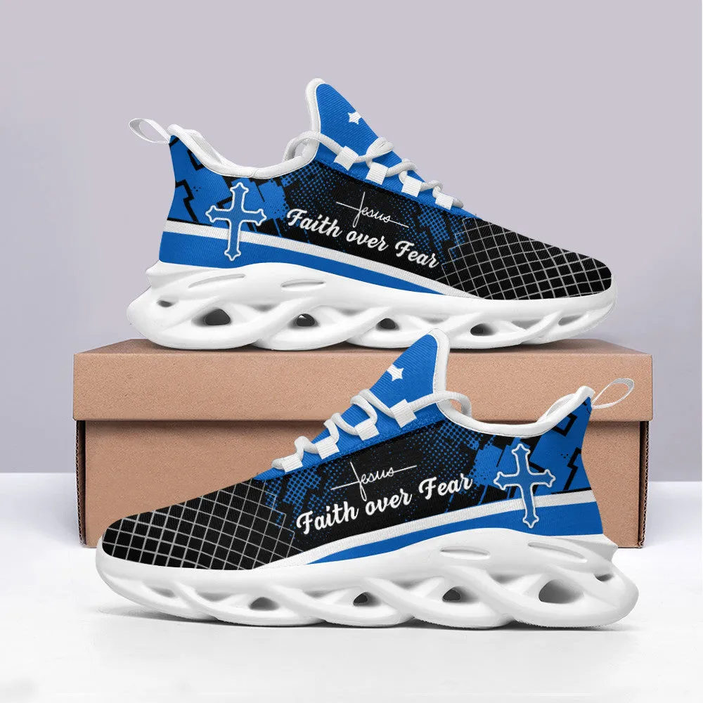 Jesus Blue Faith Over Fear Running Sneakers Max Soul Shoes - Christian Shoes For Men And Women