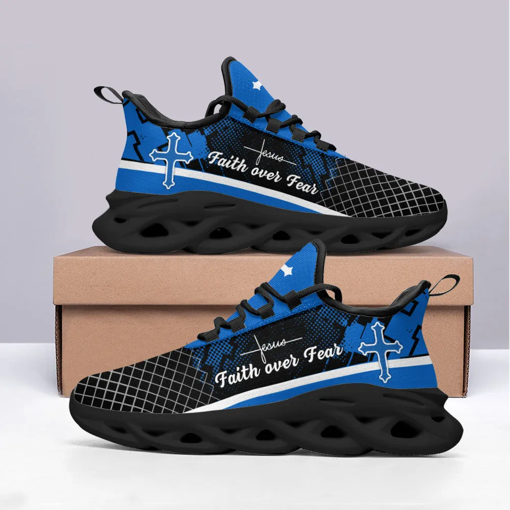 Jesus Blue Faith Over Fear Running Sneakers Max Soul Shoes - Christian Shoes For Men And Women